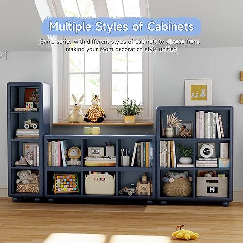 Miniatura 7 de Estantería para niños, estantería grande de madera con almacenamiento de 6 cubos, organizador de almacenamiento de juguetes para niñas con pintura