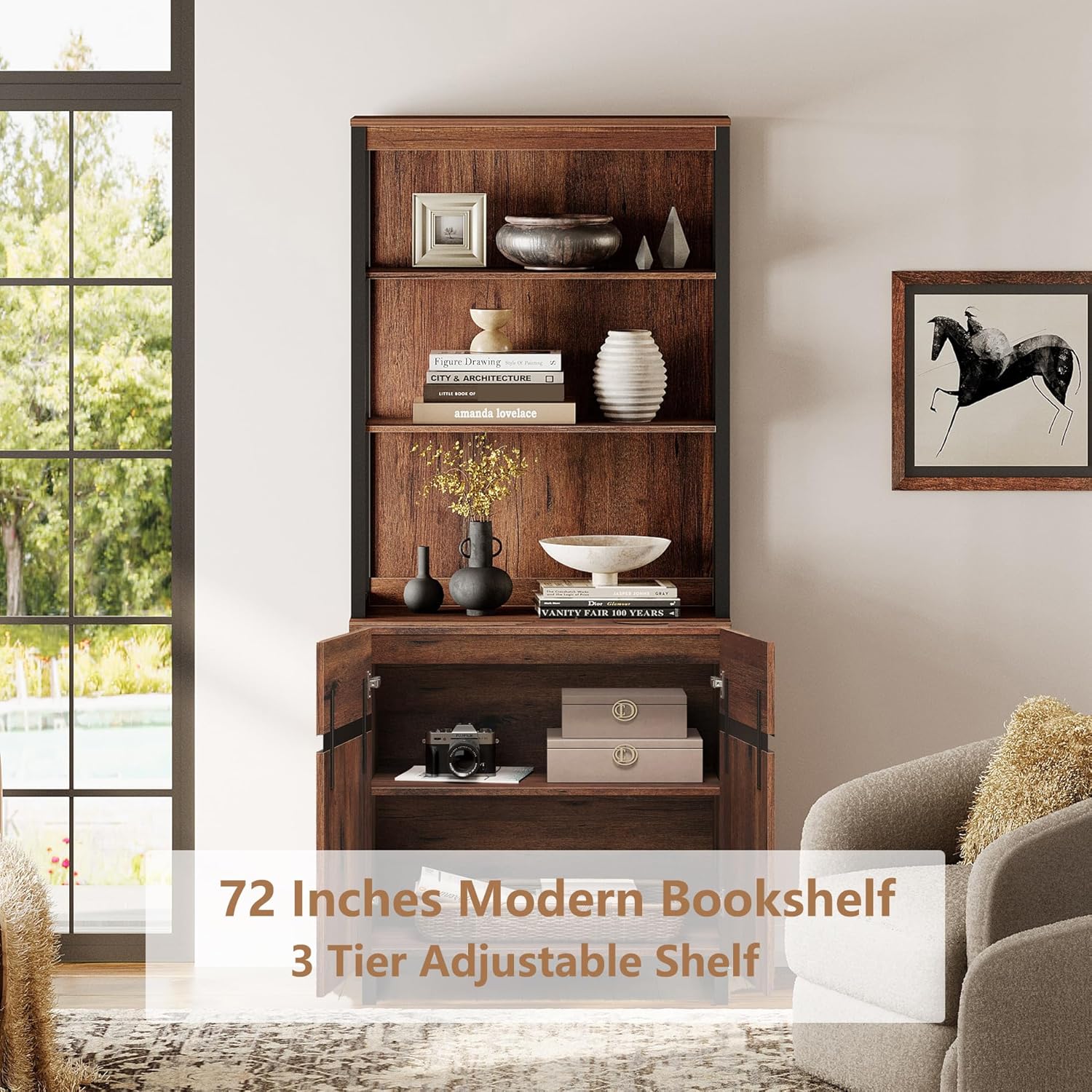 WAMPAT Modern 72" Tall Bookshelf with Metal Base and Adjustable Shelves, Library Bookcase with Storage Cabinet and Open Book Shelfs, Wood Book Shelf for Home Office, Living Room, Brown