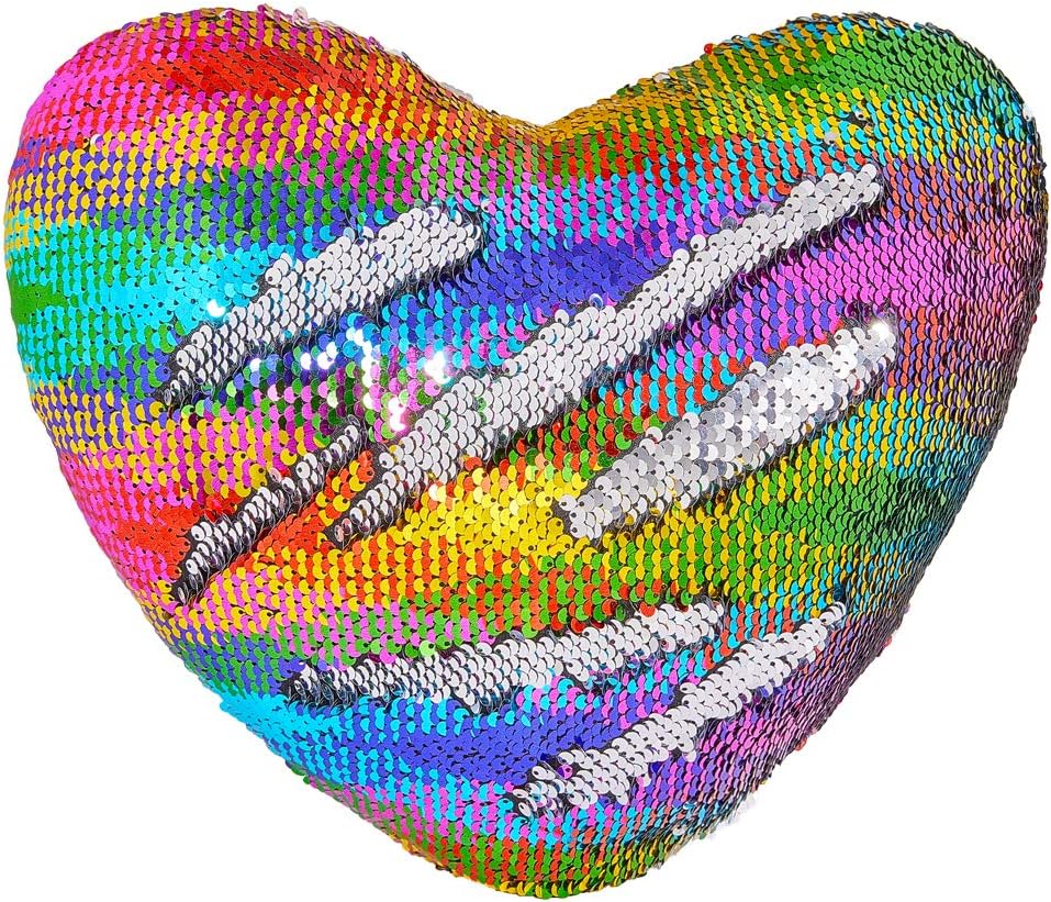 Play Tailor Sequin Heart Pillow with Insert Heart Shaped Reversible Sequins Pillows Decorative Cushion (13" X 15",Colorful Wave-Silver)