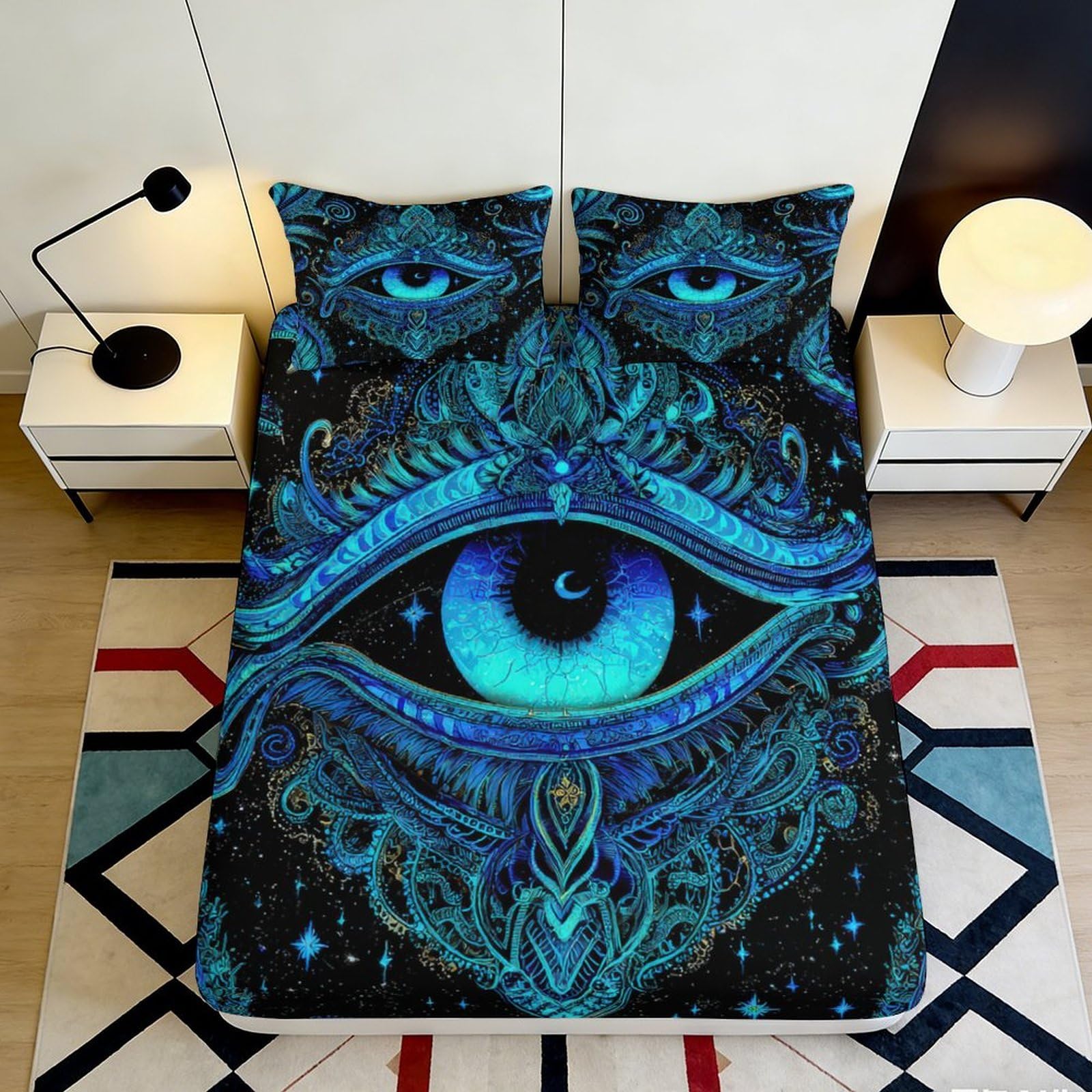 3D Printed Mystic Blue Eye Fitted Sheet Microfiber Deep Pocket Bedroom Bedding Mystic Blue Eye Mattress Fitted Cover Non-Slip Full Wrap Washable 90x200x25cm
