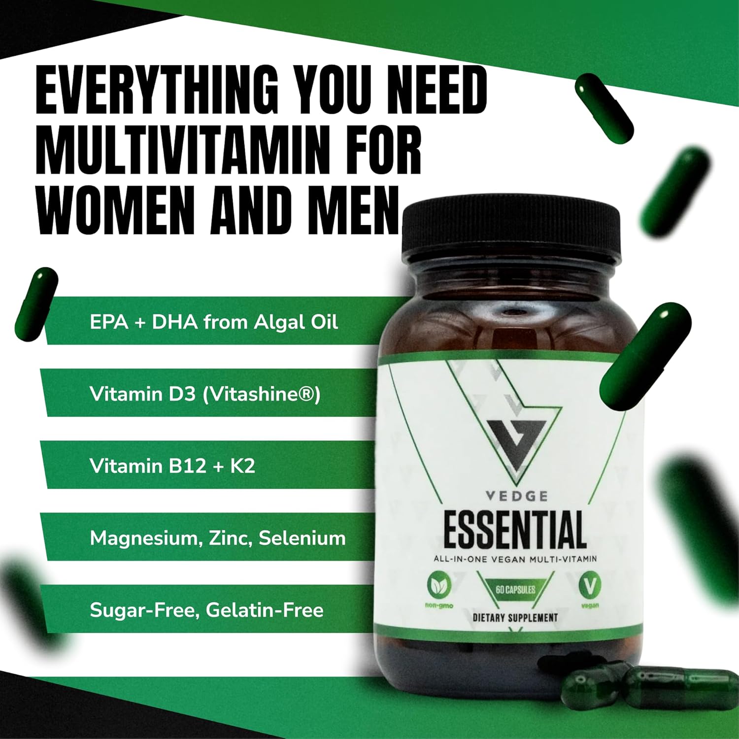 VEDGE Vegan Omega 3 Multivitamin for Women and Men – Plant-Based Algal EPA & DHA + Vitamin B12, Vitamin D, K2, Magnesium, Zinc & Selenium – 30-Day Supply – Non-GMO, Gluten Free, Made in USA