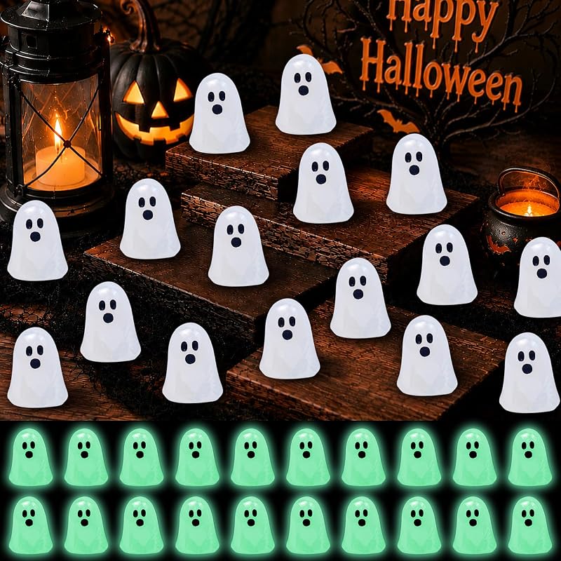 60 piezas Mini figuras de fantasmas de resina luminosas de Halloween Figuras en miniatura | Pequeñas estatuas de fantasmas blancas de plástico que brillan en la oscuridad, decoración de casa de muñecas con micropaisaje para fiesta de Halloween