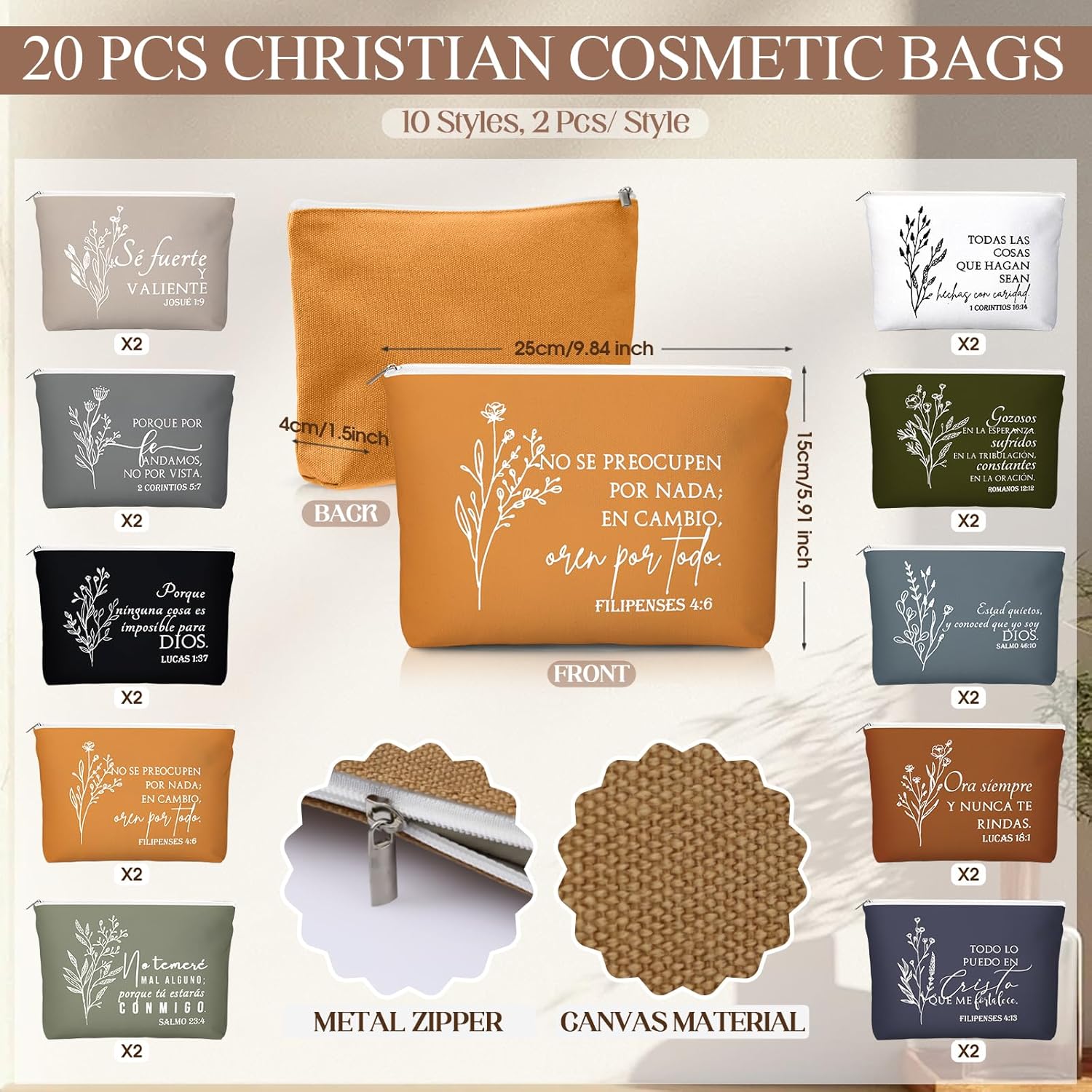 Kacctyen Spanish Christian Easter Gifts for Women Bulk Bible Verse Makeup Bags Religious Gifts Regalos Cristianos Para Mujer Canvas Pouch Compact Mirrors for Female Mom Church(Boho Color,20 Sets) - Image 3