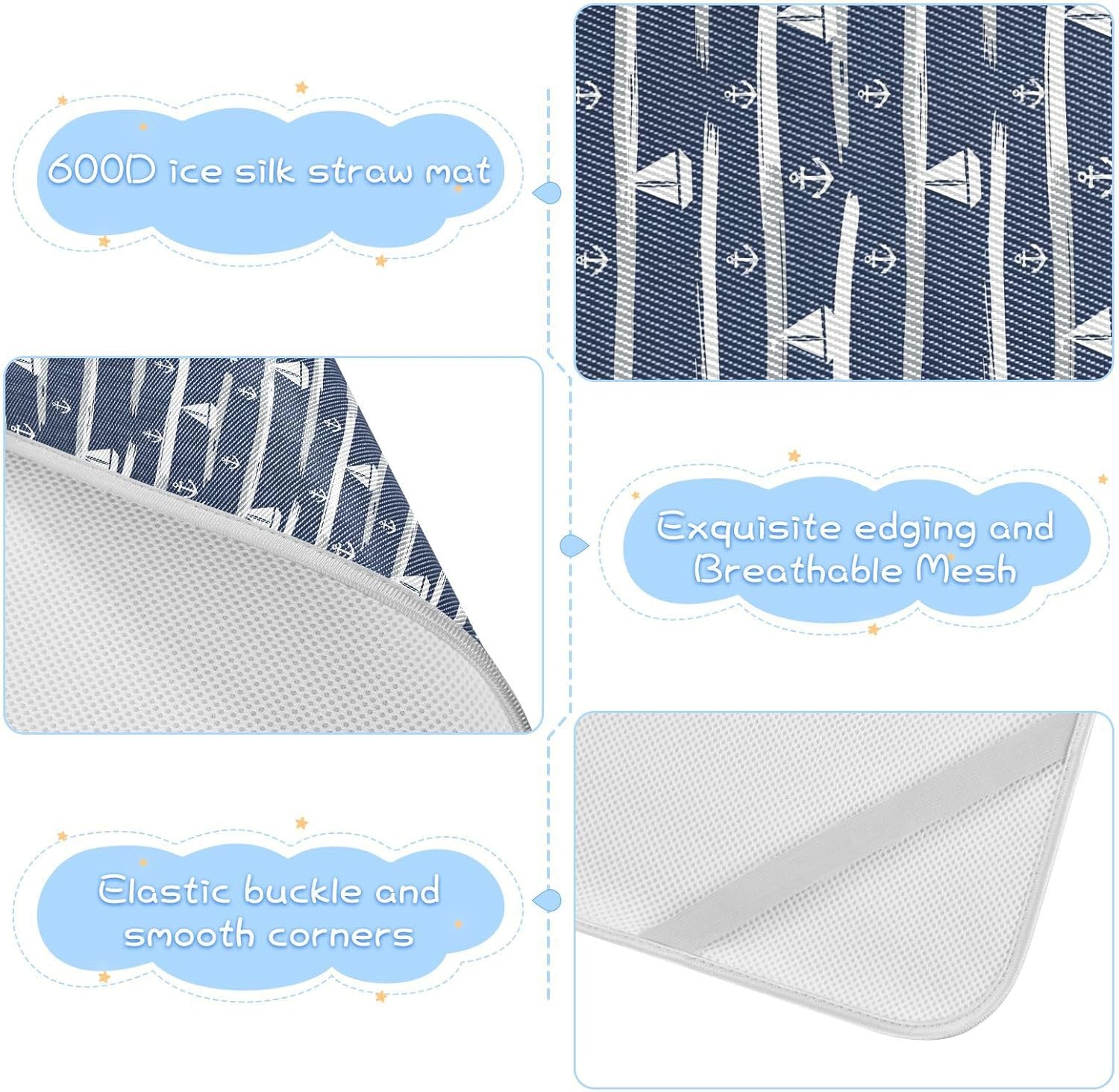 Baby Cooling Mat Nautical Pattern Ice Silk Breathable Mesh Summer Crib Mattress Pad with Pillowcase, Soft Cooling Sleeping Surface for Infant & Toddler, 52"x28"