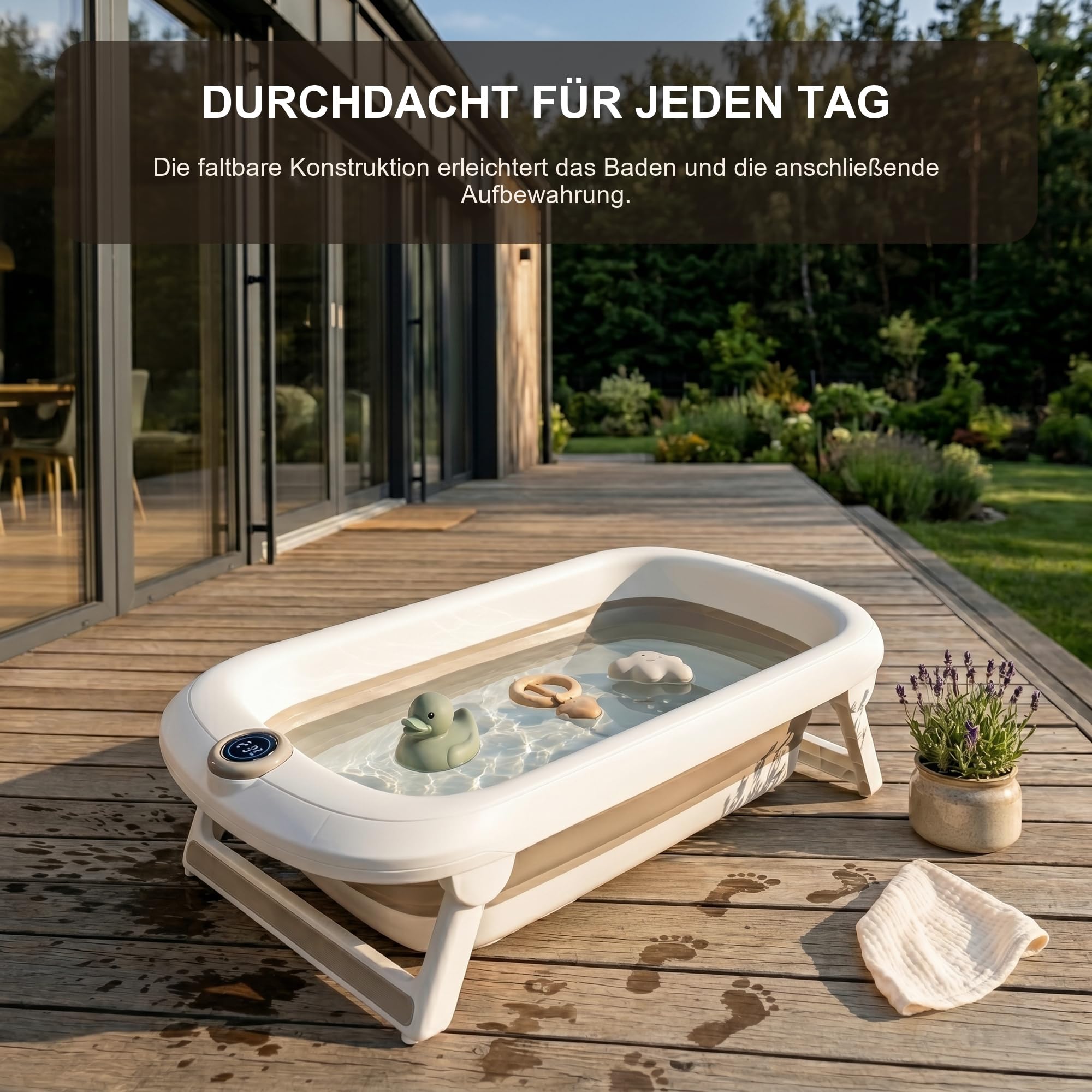 Primabobo LUX Bade-Set für Babys mit Faltbarer Babybadewanne, Elektronischem Thermometer, Badesitz und Gestell, Komplettes Babybad Set für Neugeborene, Beige