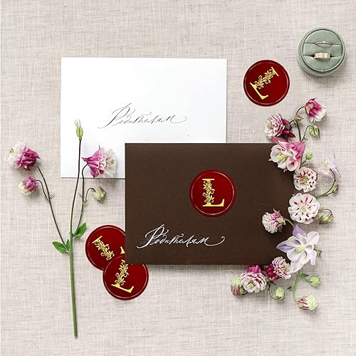 Miniatura 3 de CRASPIRE Sello de cera con letra inicial del alfabeto L, diseño de hojas botánicas vintage, sello de cera de 1.181 in, cabeza de sello de latón