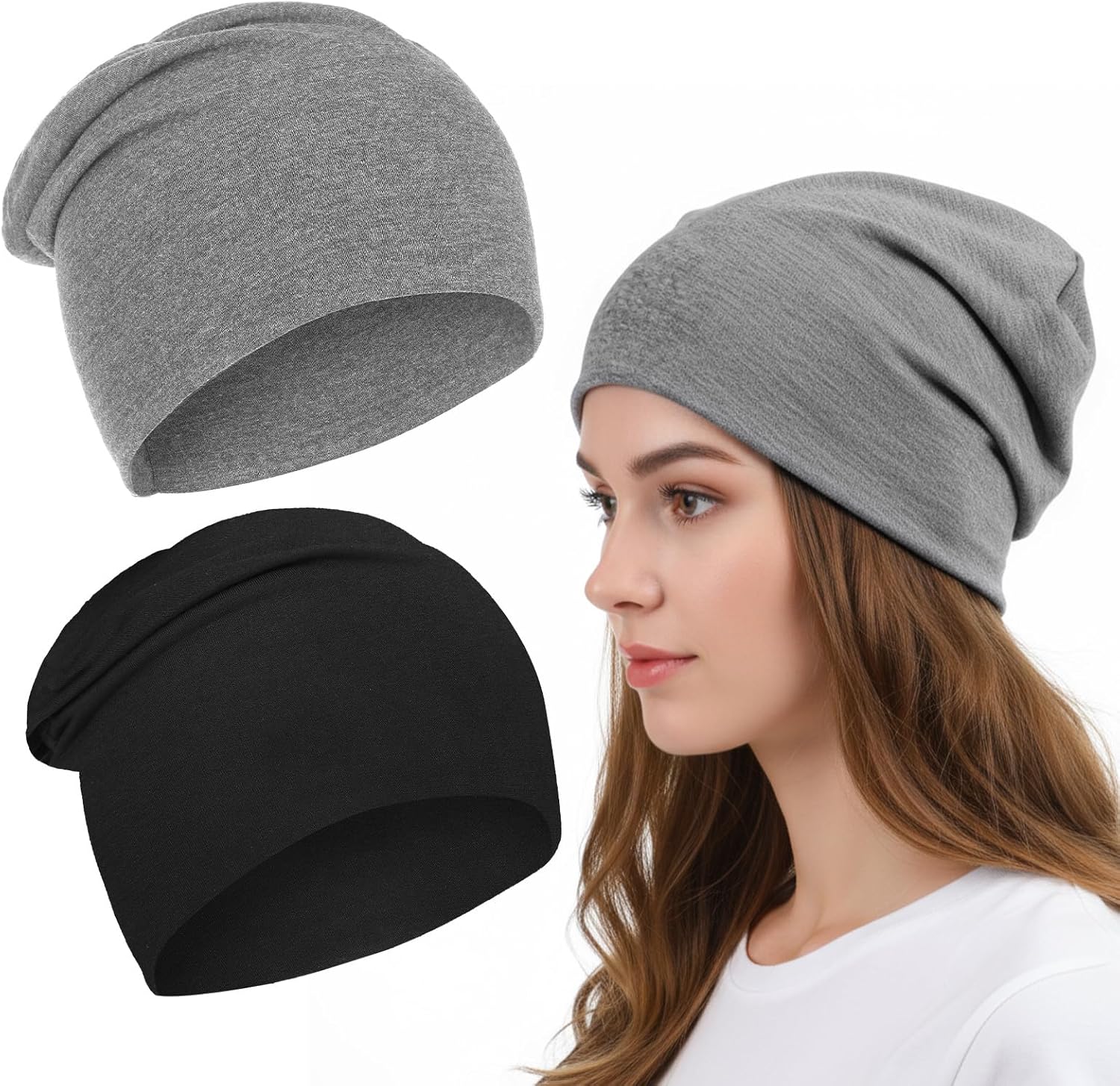 2 Pieces Unisex Lightweight Slouchy Beanie for Men Women, Fashion Style Soft Hip-Hop Caps, Breathable Night Sleeping Hat Skull Caps for All Seasons