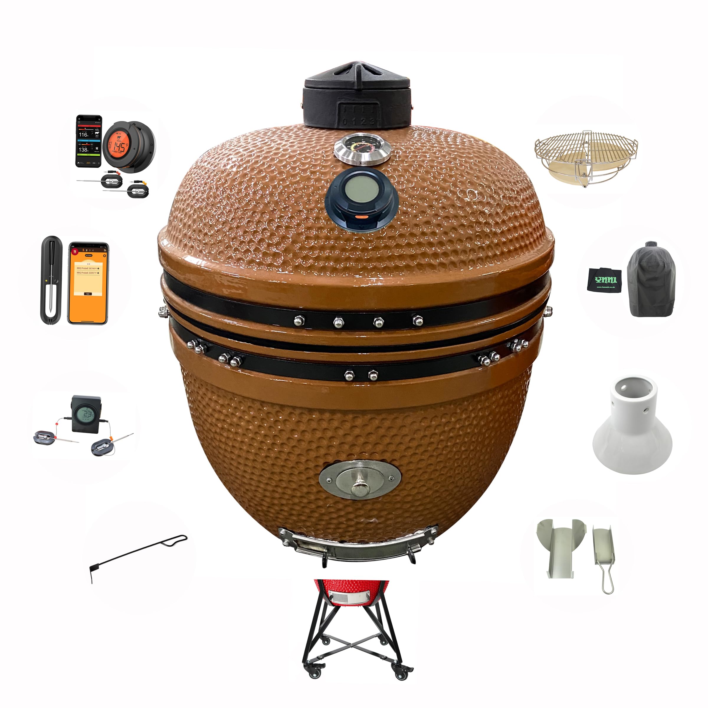 YNNI KAMADO TQTT18RE Duży zestaw Kamado, grill 45,7 cm, czerwony podwójny termometr z podajnikiem chipów, dziel i zdobywaj, pokrywa, cyfrowy termometr, ceramika, jajko, palacz, TQTT18RE