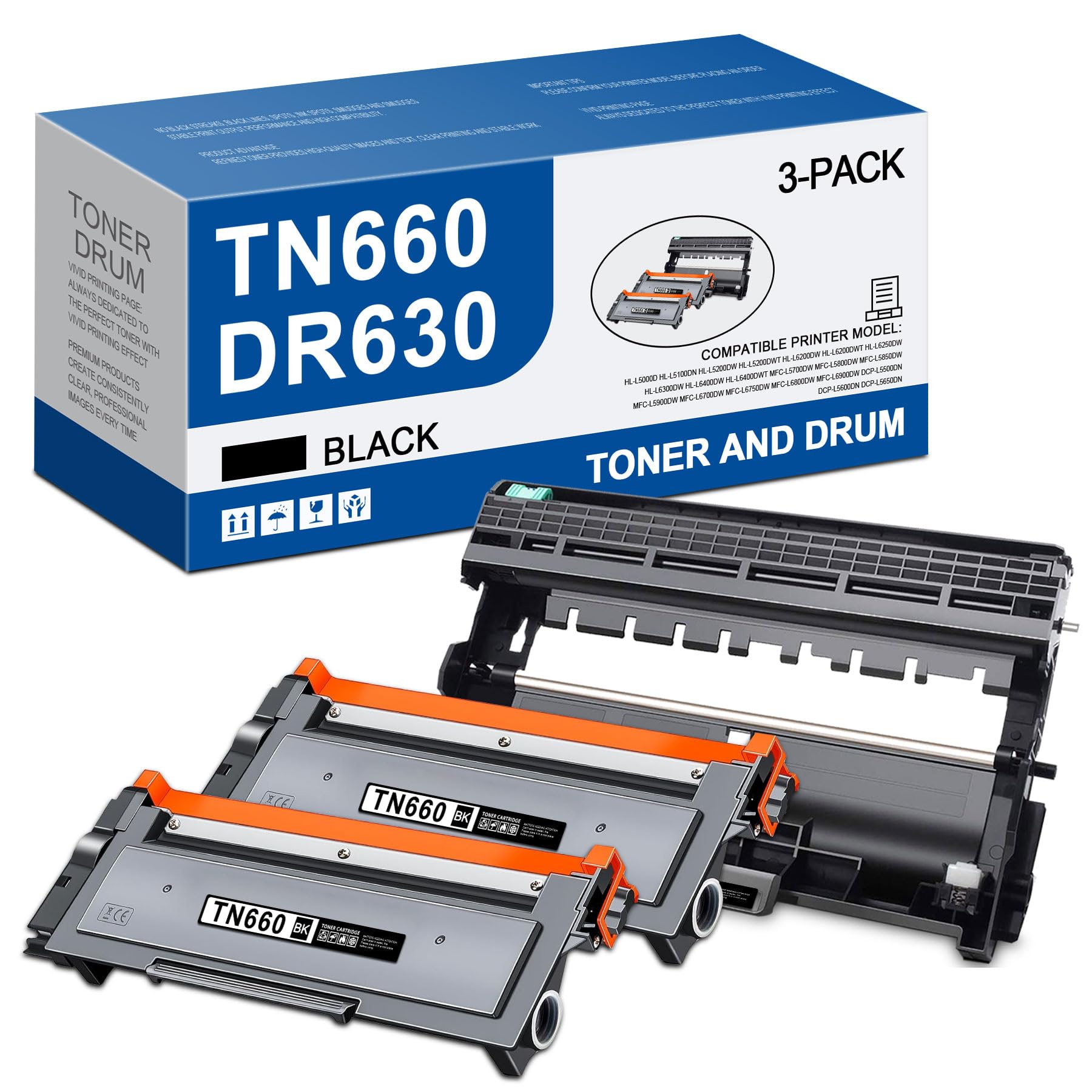 Toner Cartridge & Drum Unit Replacement for Brother TN660 TN630 DR630 High Yield to use with HL-L2380DW HL-L2300D HL-L2340DW MFC-L2680W MFC-L2740DW Printer (Black, 3 Pack)