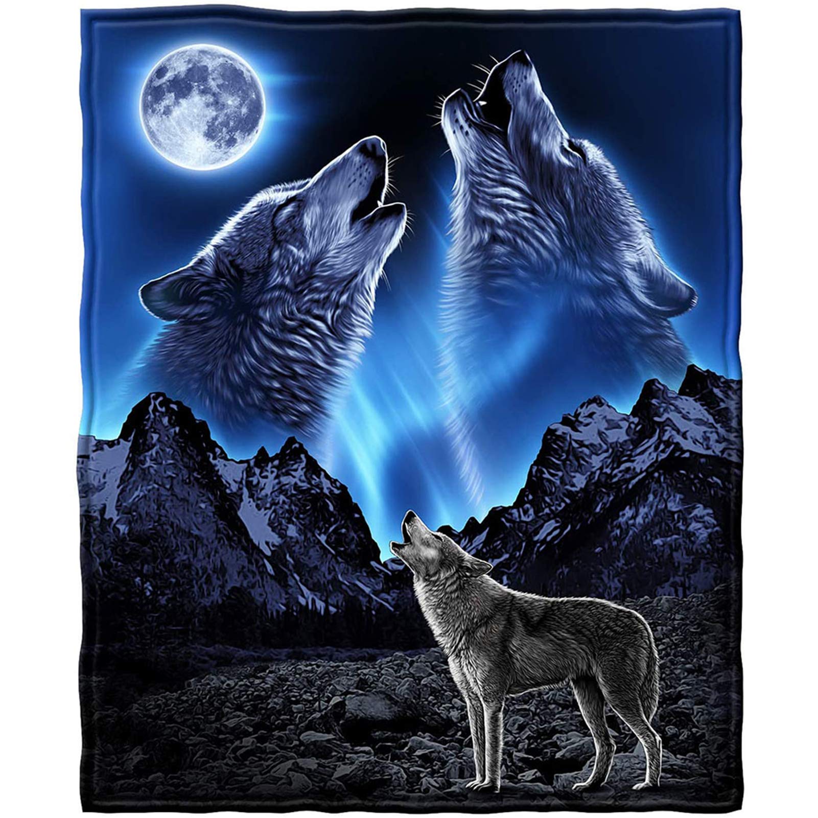 Biyejit Wolves Howling Moon Print Fleece Throw Blankets for Couch Sofa Bedroom Bed Decorative Throws Blankets