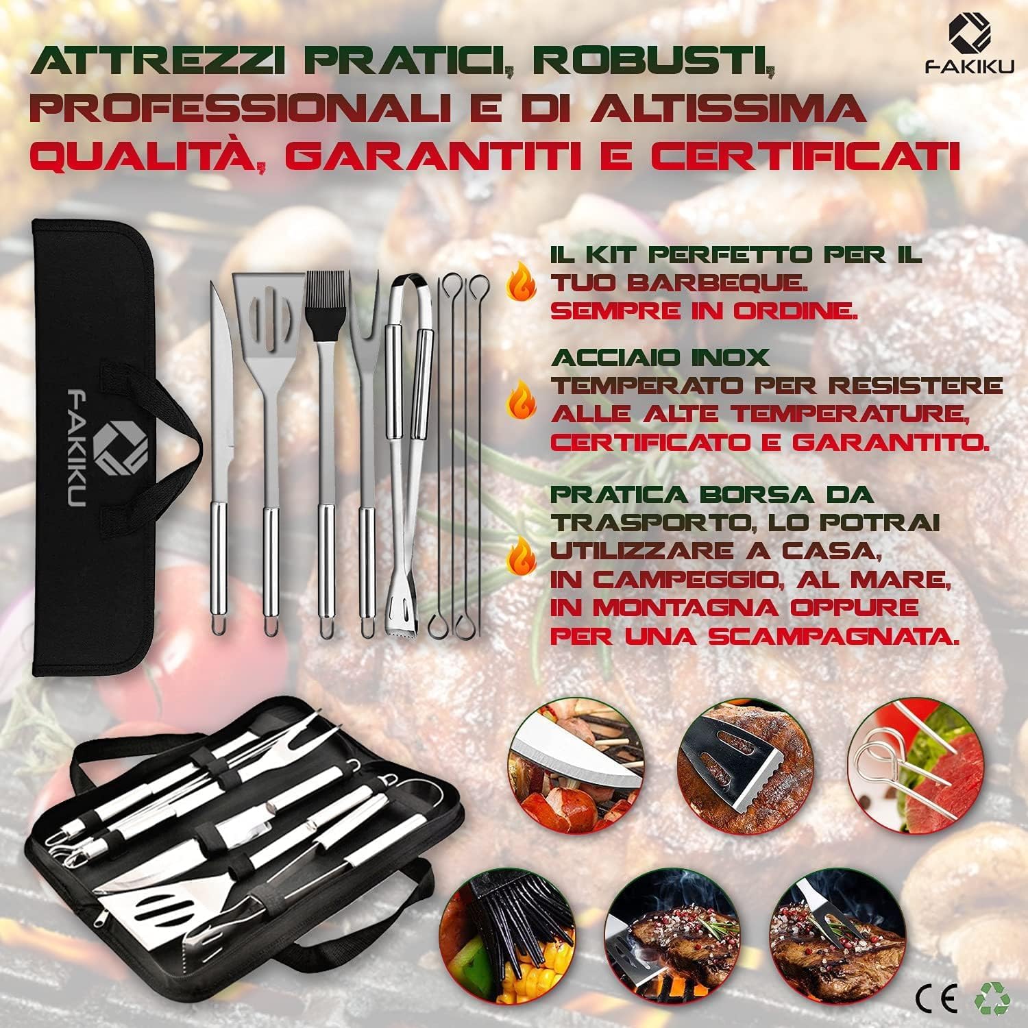 fakiku Kit Barbecue - Set Utensili Da Cucina Acciaio Per Grigliare o Arrostire Al Camino Carbonella Legna - Accessori Barbecue + Borsa (set barbecue) - Immagine 3