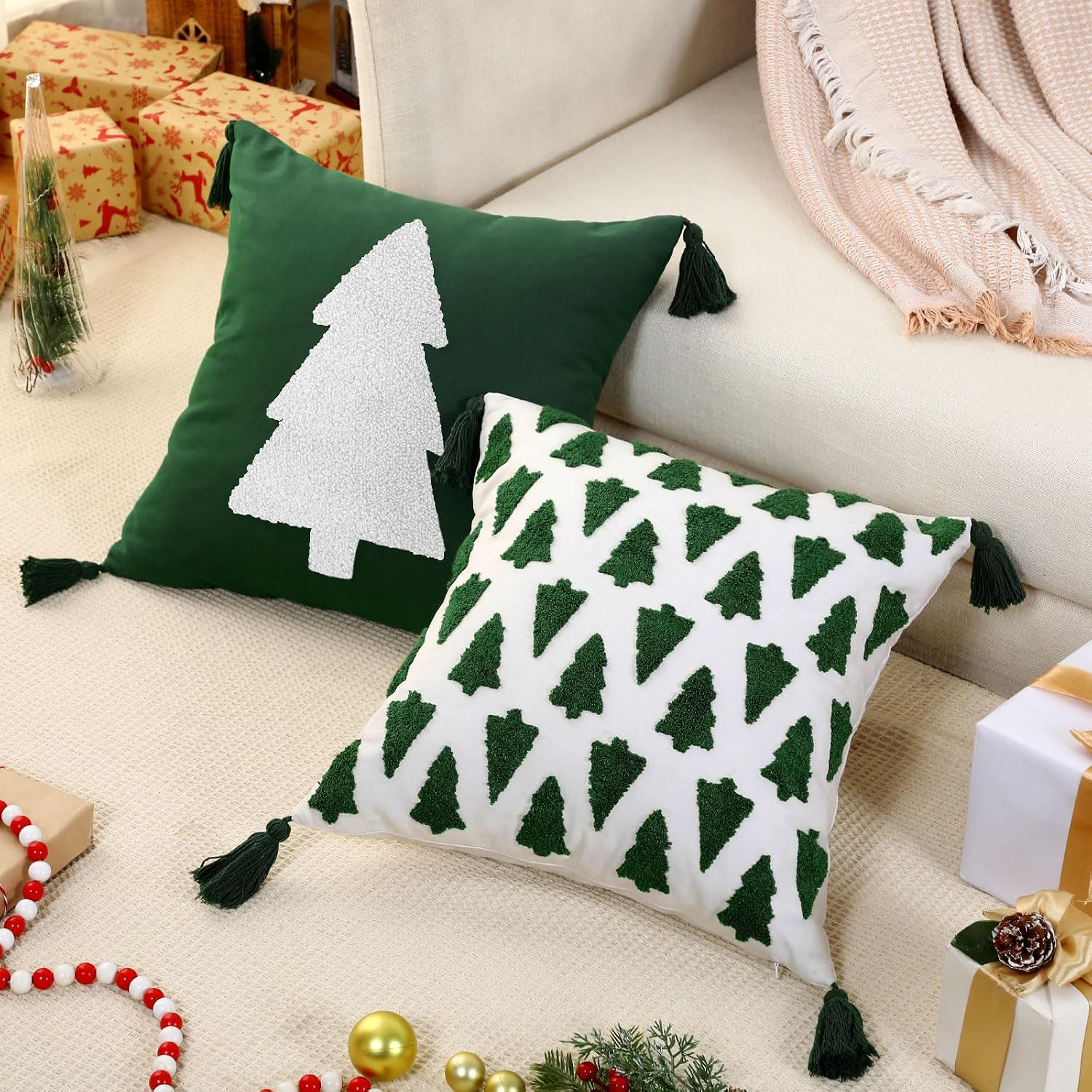 18×18インチ ホワイトとグリーン ふわふわクリスマス枕カバー ソフト 【バスルームドア】