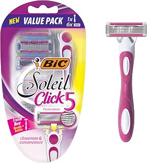 BIC Click 5 Soleil Women's Disposable Razors, 5 Blades With a Moisture Strip For a Smoother Shave, 1 Handle and 6 Cartridges, 7 Piece Razor Set