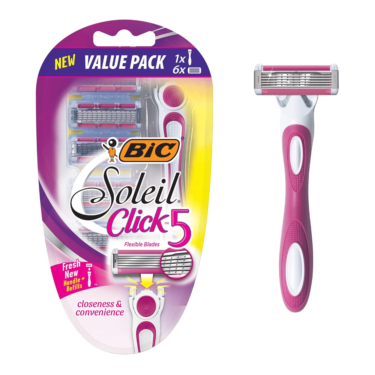 BIC Soleil Click 5 Women's Disposable Razor, Five Blade, Count of 6 Razors, For a Smooth and Close Shave