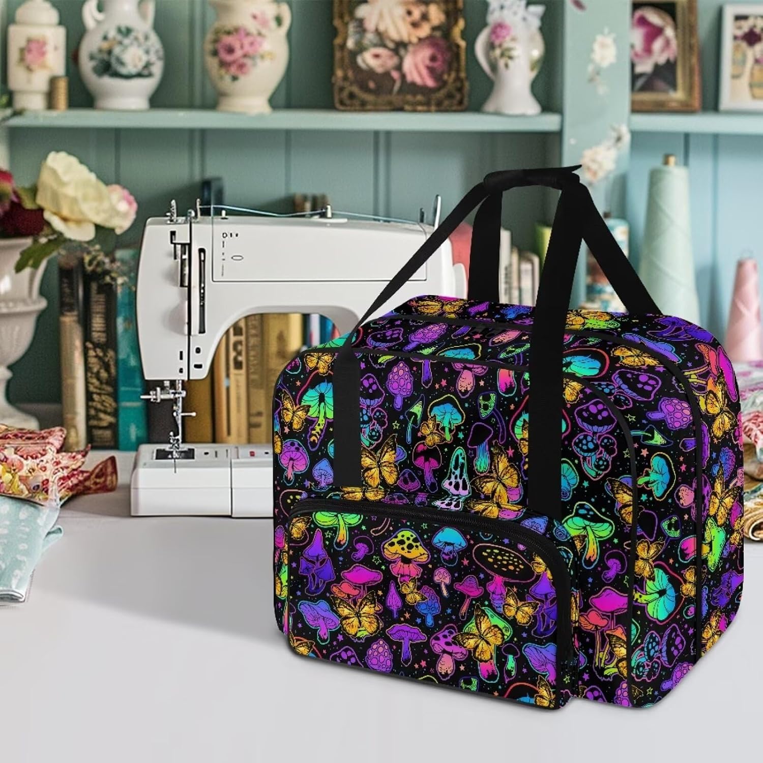 Portable Butterfly Sewing Machine Carrying Case Mushroom Sewing Machine Bag with Storage Pockets Fit Most Standard Sewing Machines