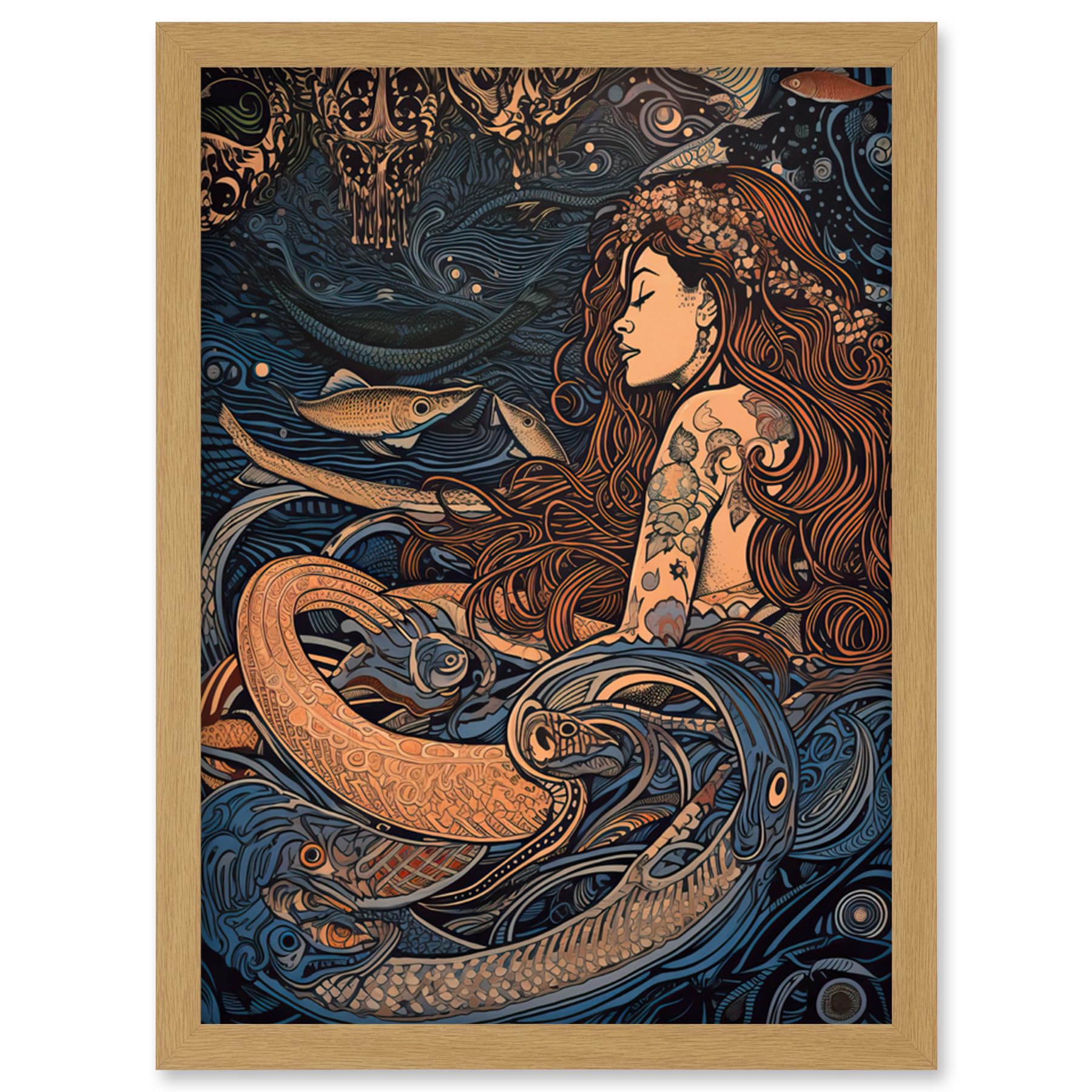 Artery8 Little Mermaid and Aquatic Animals Illustration Artwork Framed Wall Art Print A4