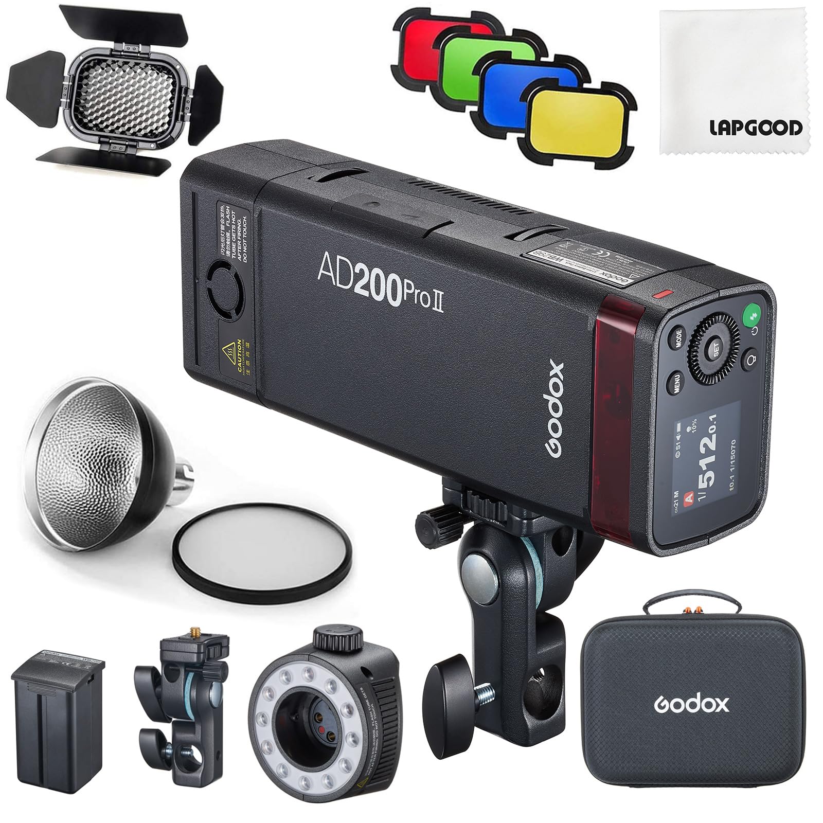 GODOX AD200 Pro II Kit 200Ws with BD-07 Barn Door & AD-S2 Bracket | 1/8000s HSS, 2.4G wireless, dual flash heads, color indicator, works Canon/Nikon/Sony/Fuji