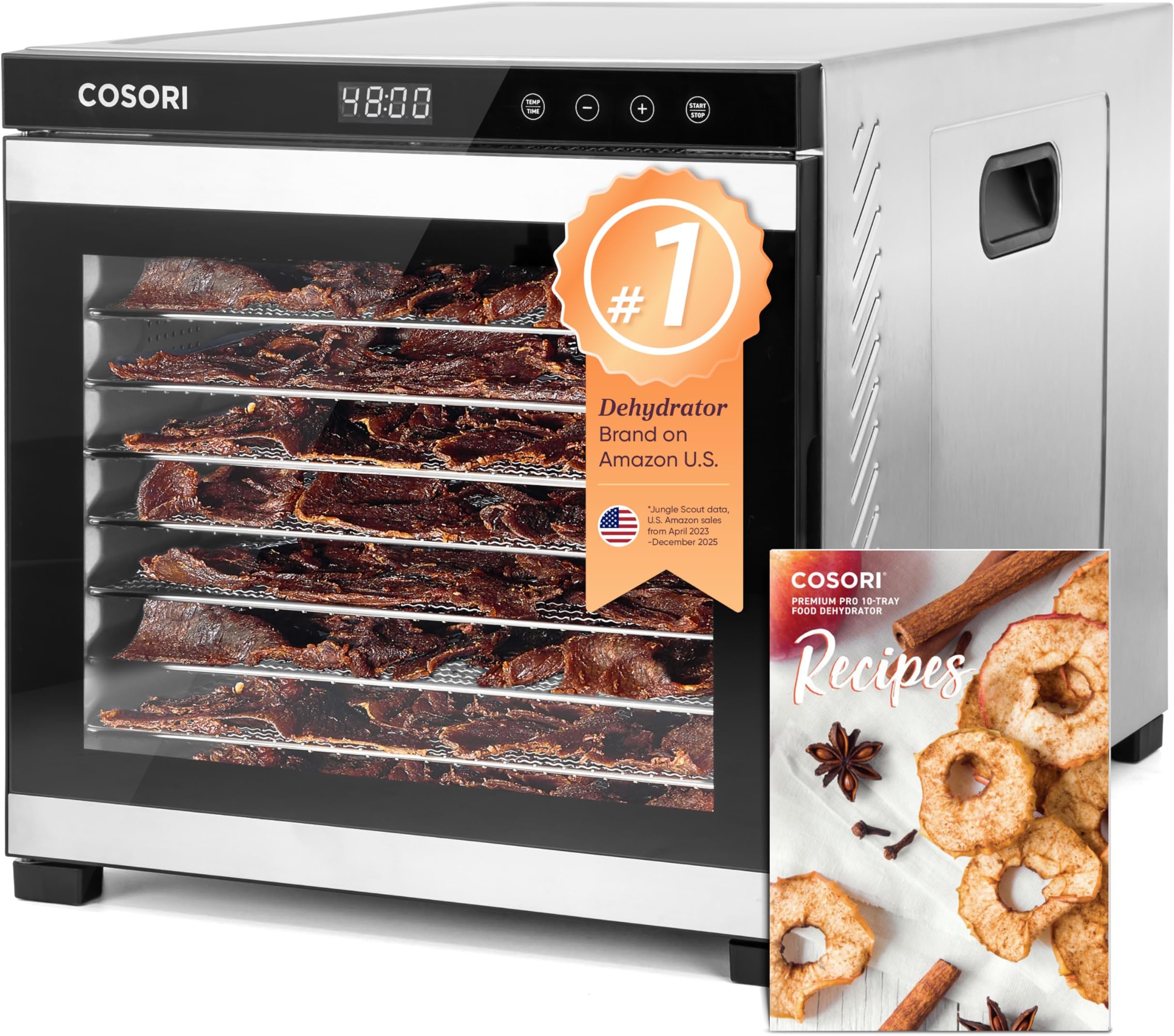 Food Dehydrator for Jerky, 10 Trays, 16.2ft² Drying Space, 165°F Temperature Control, 48H Timer, 1000W Dehydrator Machine, Stainless Steel, for Herbs, Fruit, Meat, and Yogurt, Silver