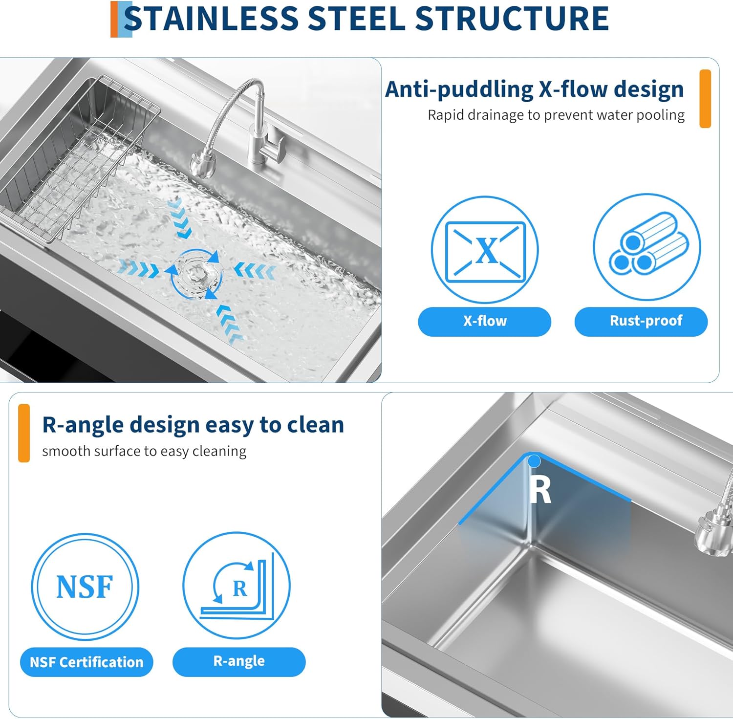 36 in Commercial Stainless Steel Utility Sink, Freestanding Stainless Steel Kitchen Sink with Hot & Cold Water Faucet, Drain Basket, for Indoor and Outdoor Use, Easy Assembly, Black