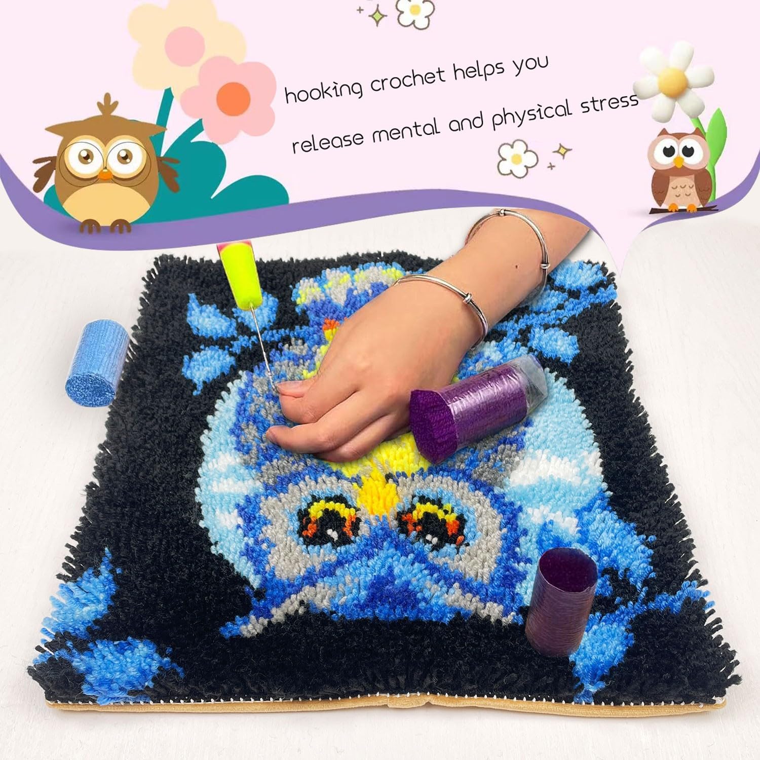 YOOTOM Kit De Tapis De Crochet à Point Noué Di Fleur Coussin Au Crochets à Loquet Bricolage, Création De Tapis à Crocher Pour Adultes Et Enfants, Modèle De Couleur Pré-imprimé, 40x40cm