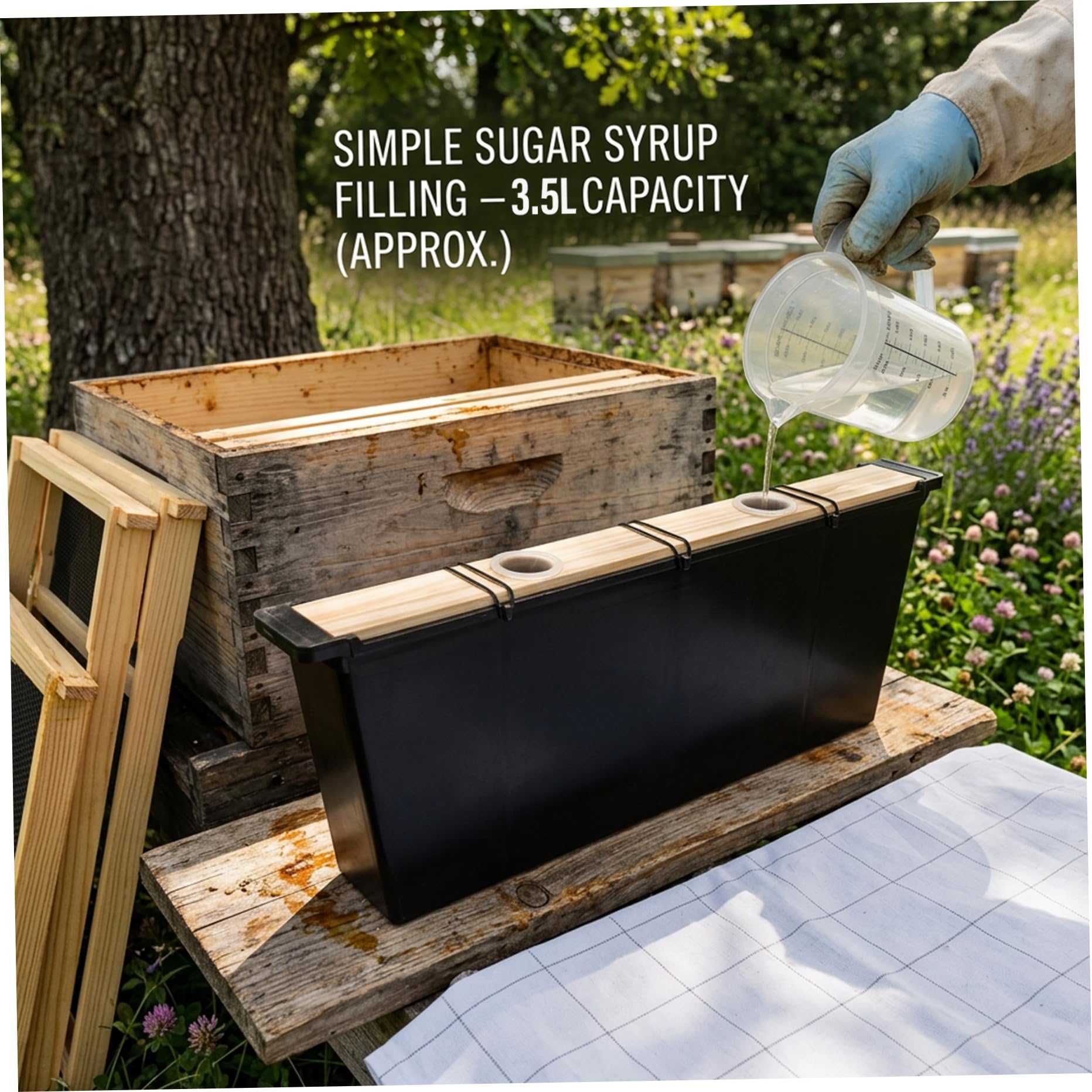 Nourrisseur à Abeilles en Bois de 3, 5 L avec Cadre de Ruche et Fixation sécurisée pour l'alimentation des Abeilles en Ruche Stable (Noir)