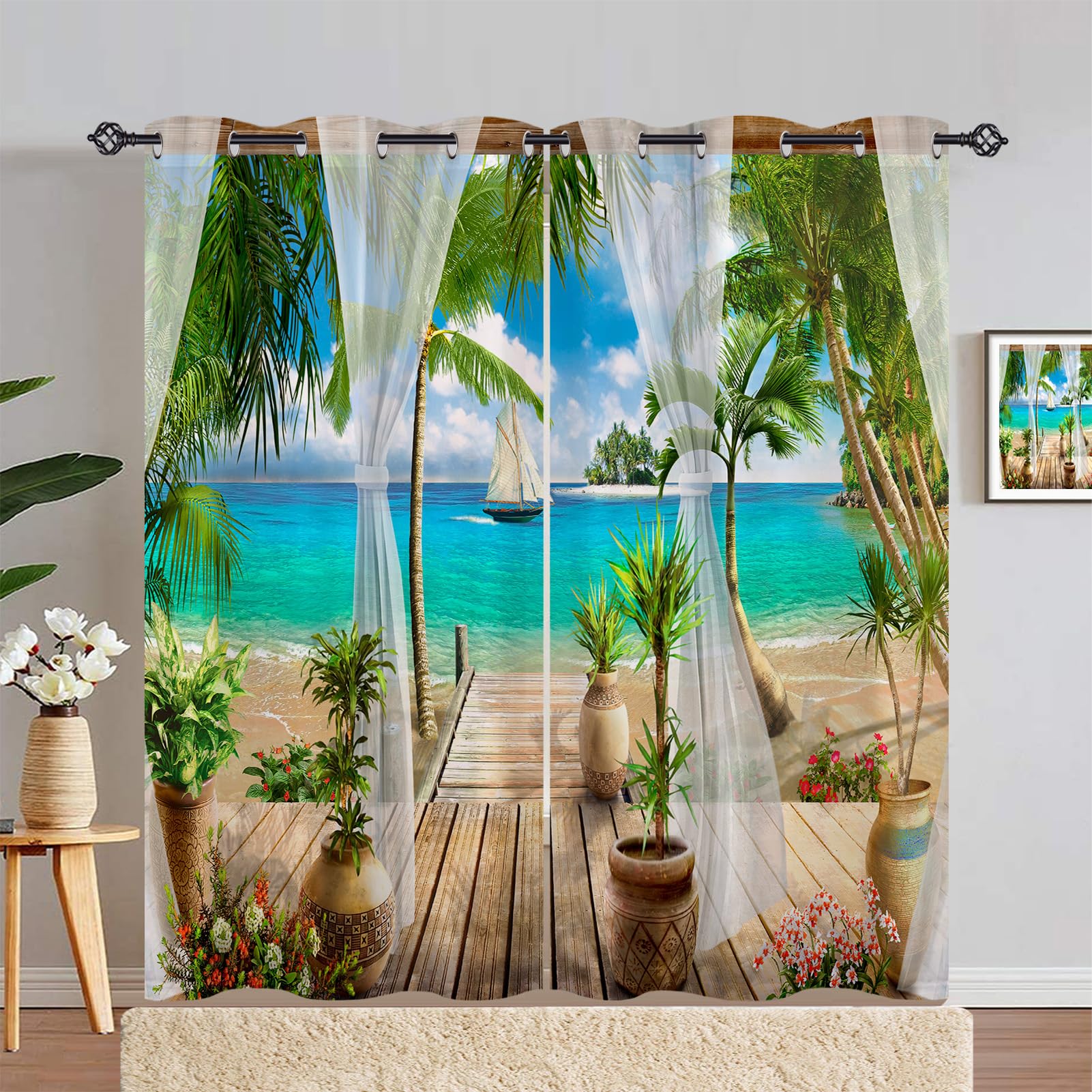 ANHOPE Beach Curtains Eyelet Ring Top Soft Thermal Insulated Blackout Curtains Tropical Island Ocean Sailboat Print Pattern Decorative Window Drapes for Bedroom Living Room 55 x 84 Drop Inch 2 Panels โ image 1