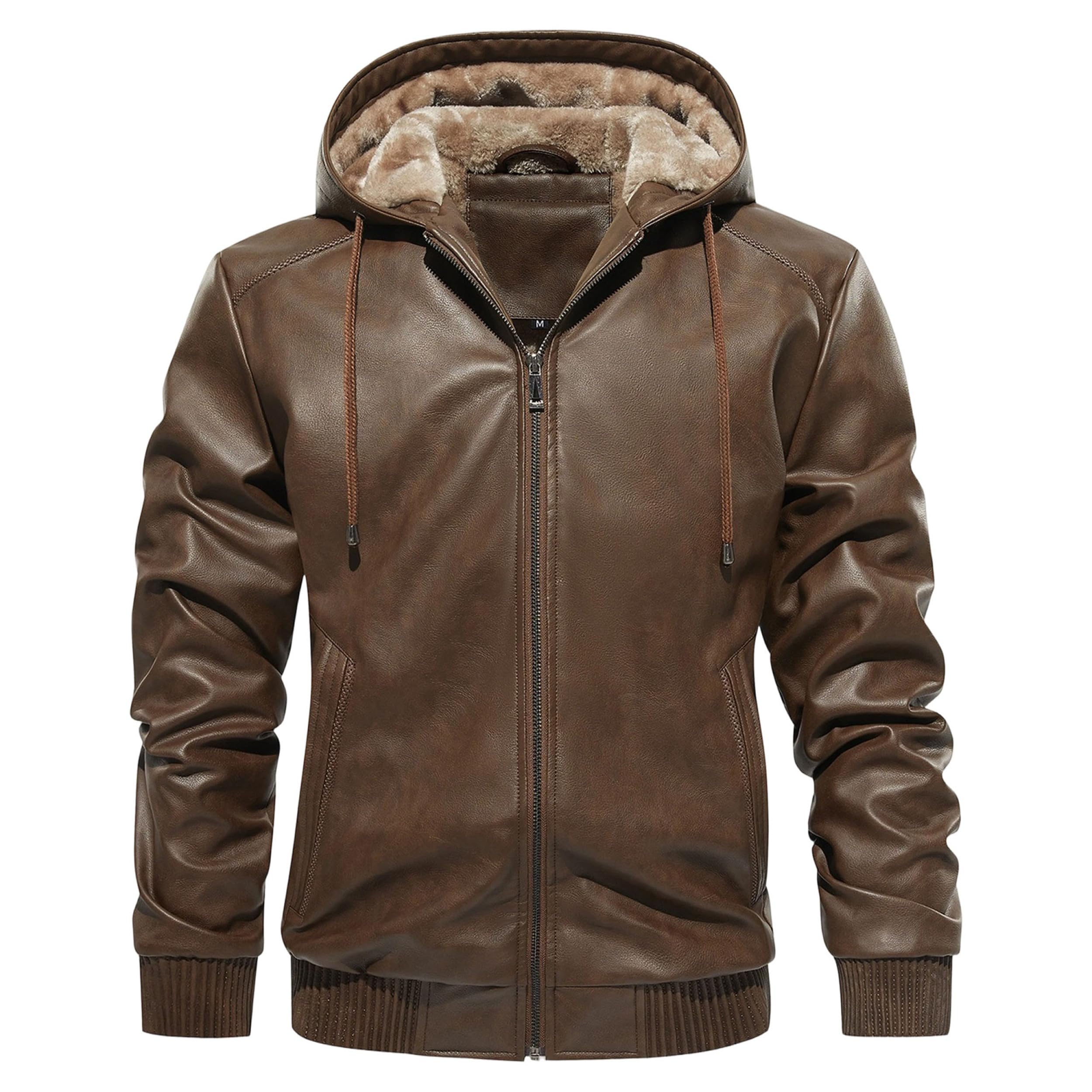 Chaqueta de motociclista de piel sintética cálida para hombre, con forro polar y capucha, abrigo invierno estilo motero, elegante abrigo para hombre