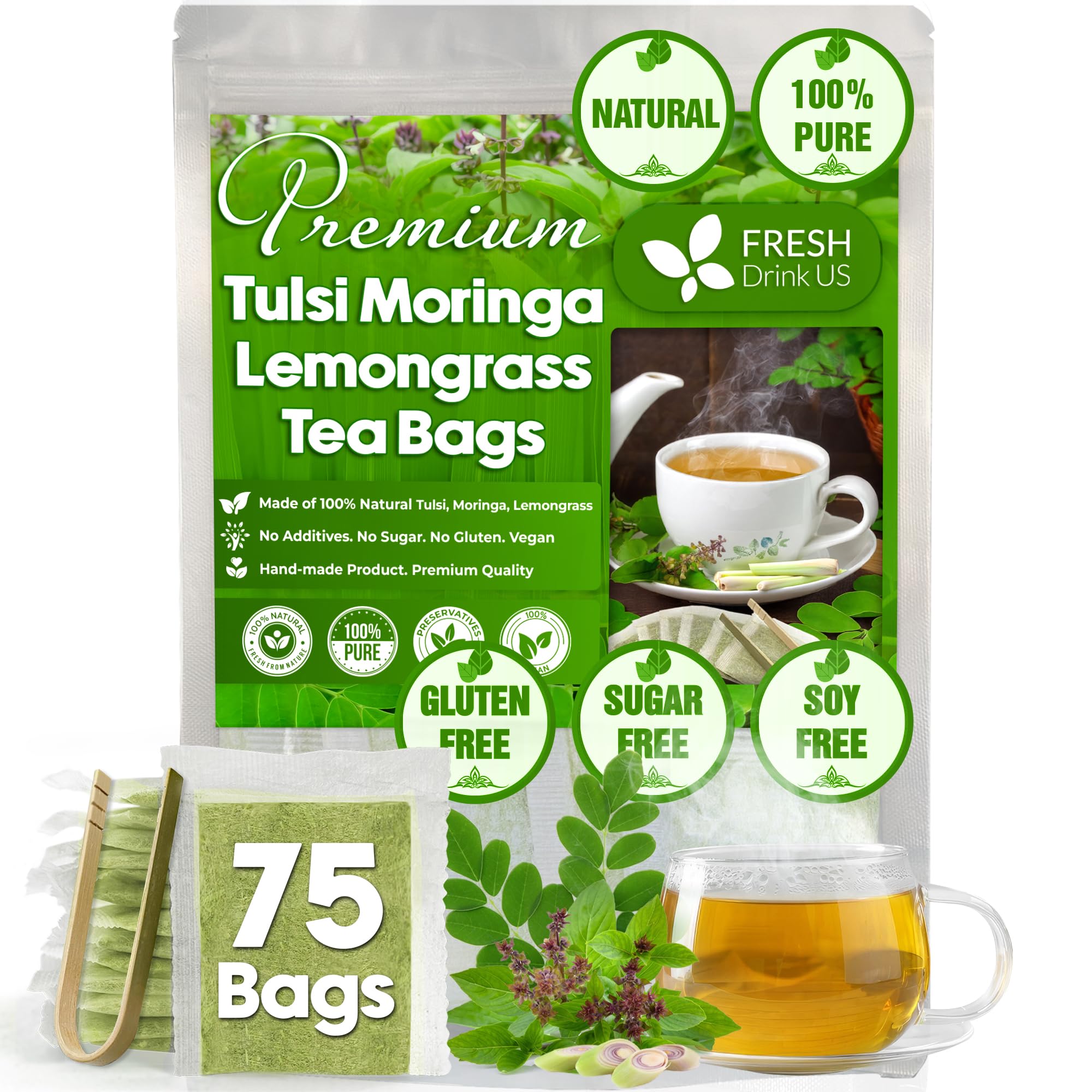 FRESHDRINKUSPremium 75 Tea Bags Tulsi Moringa Lemongrass, 100% Natural & Pure from Tulsi Holy Basil Leaves, Moringa & Lemongrass. Made with Natural Material Tea Bags. No Sugar, No Caffeine, Vegan.