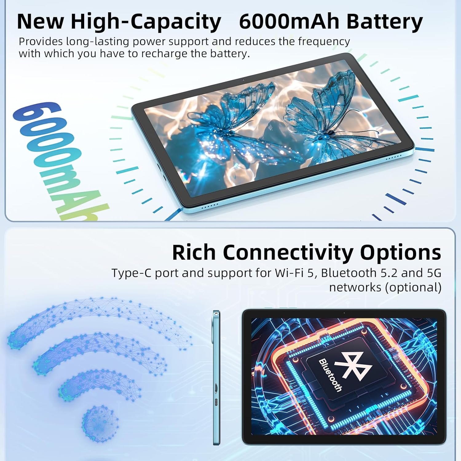 Android 15 Tablet 10 inch,24GB RAM 128 ROM,Tablets with Keyboard Mouse Stylus,1TB Expandable,Octa-Core 6000mAh 1280x800 IPS HD,5G WiFi,T615 CPU,High Performance,Processor,Dual Camera(Blue) - Image 4