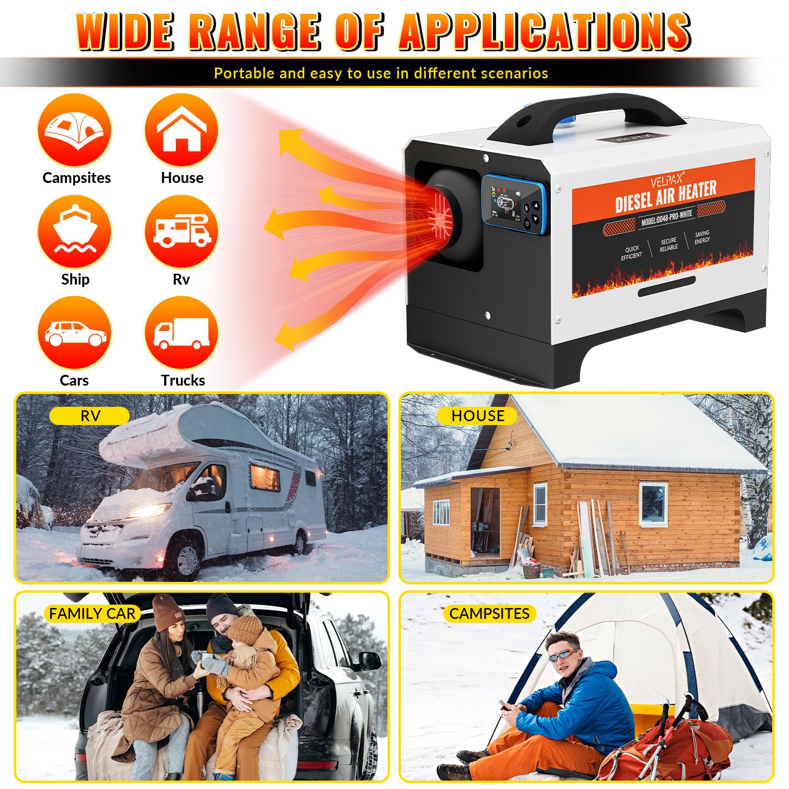 VELPAX Calentador Diésel Portátil Todo en Uno 12 V 24V 220V 8KW,Bluetooth App Calentador de Aire Diesel 0,16-0,52 L/h LCD de Control Remoto,Adecuado para Autocaravanas,Coches,Camiones,Autobuses