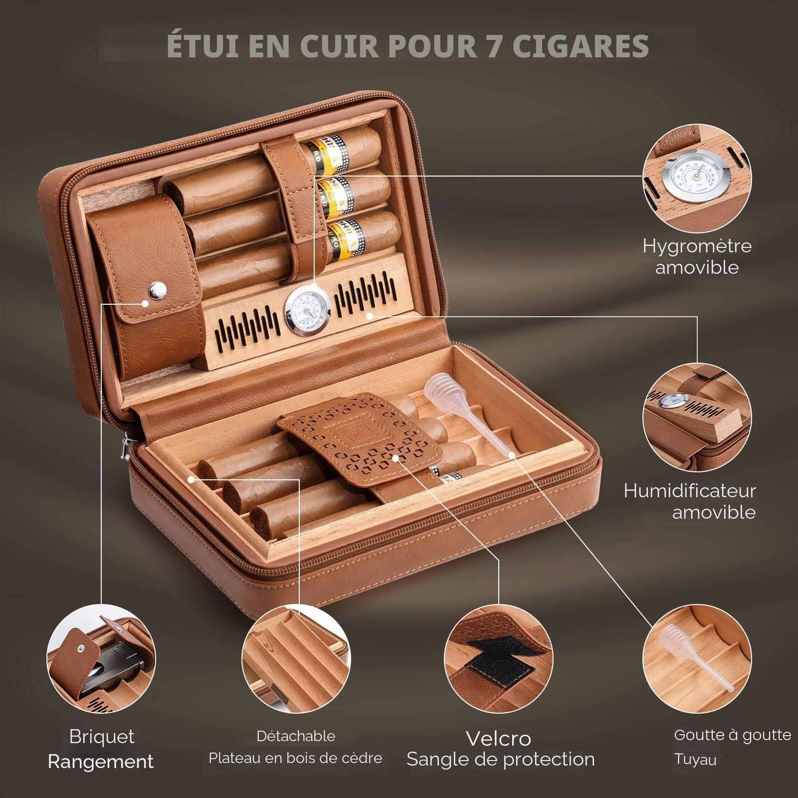 GLENCREAG Cave à cigares de voyage portable, étui à cigares en cuir de cèdre avec coupe-cigares V et briquet, hygromètre et humidificateur intégrés, sac de rangement en velours inclus