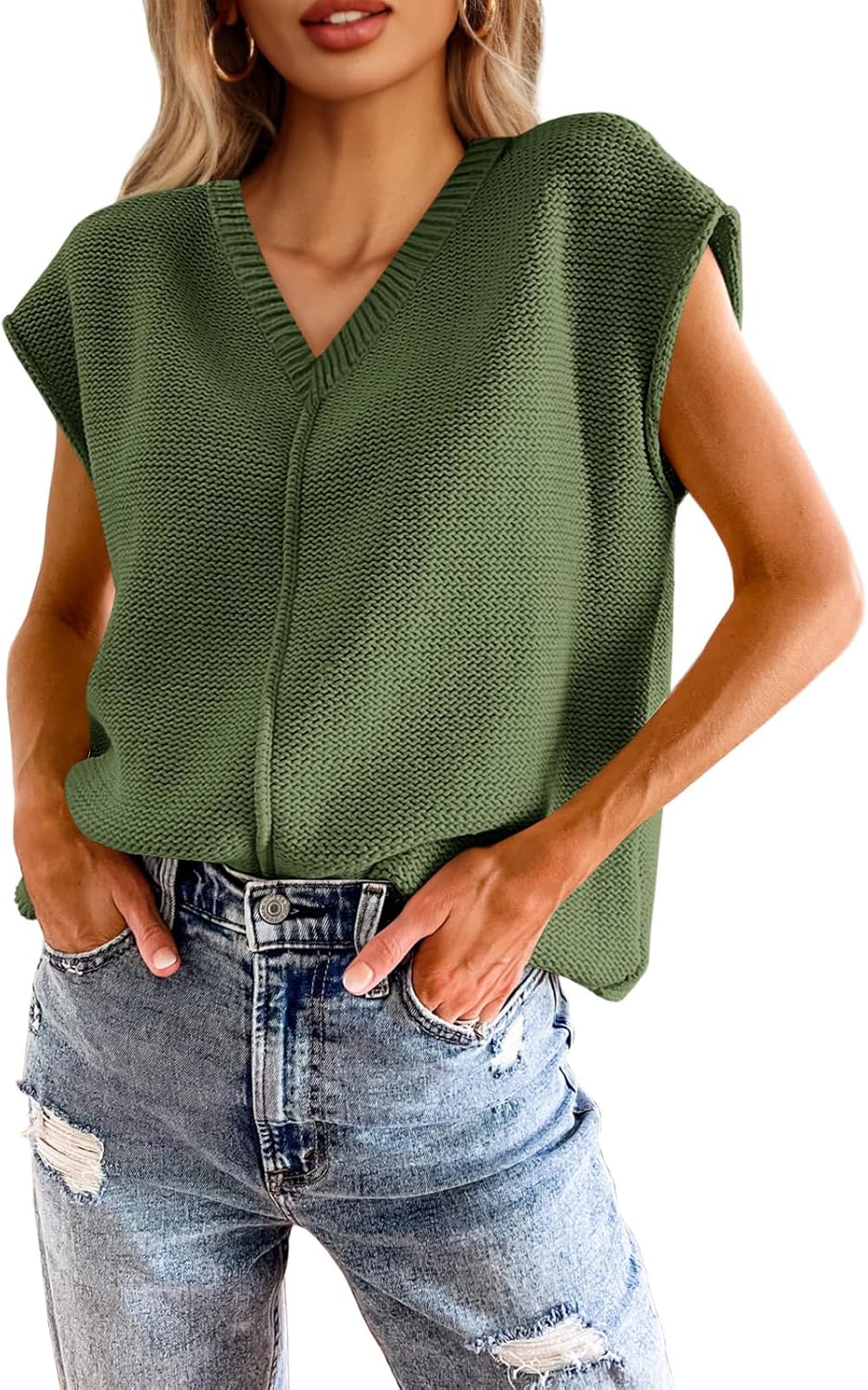 Saodimallsu Women's V Neck Cap Sleeve Lightweight Knit Sweater Top