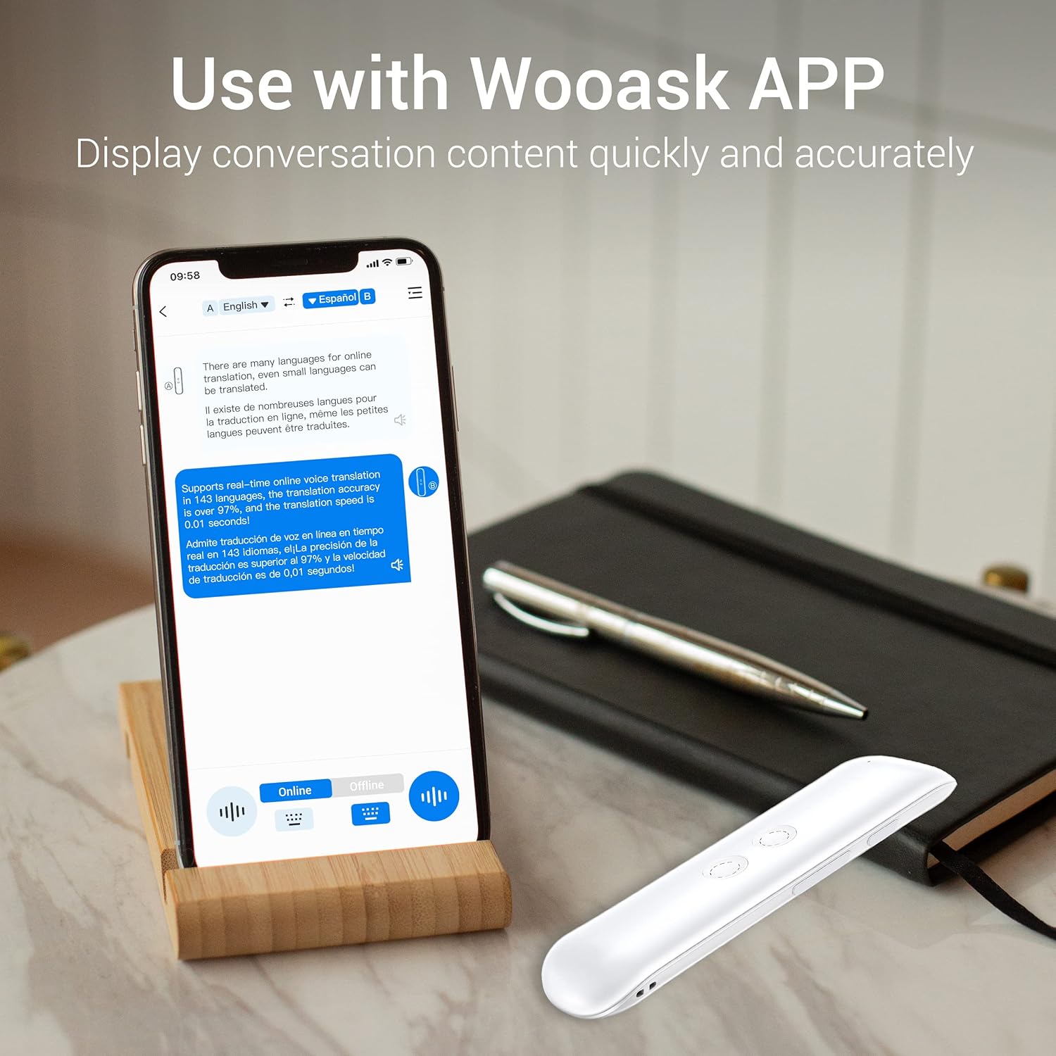 A smartphone displaying the Wooask app interface for translation, with the Wooask G5 Pro device placed next to it on a wooden stand.