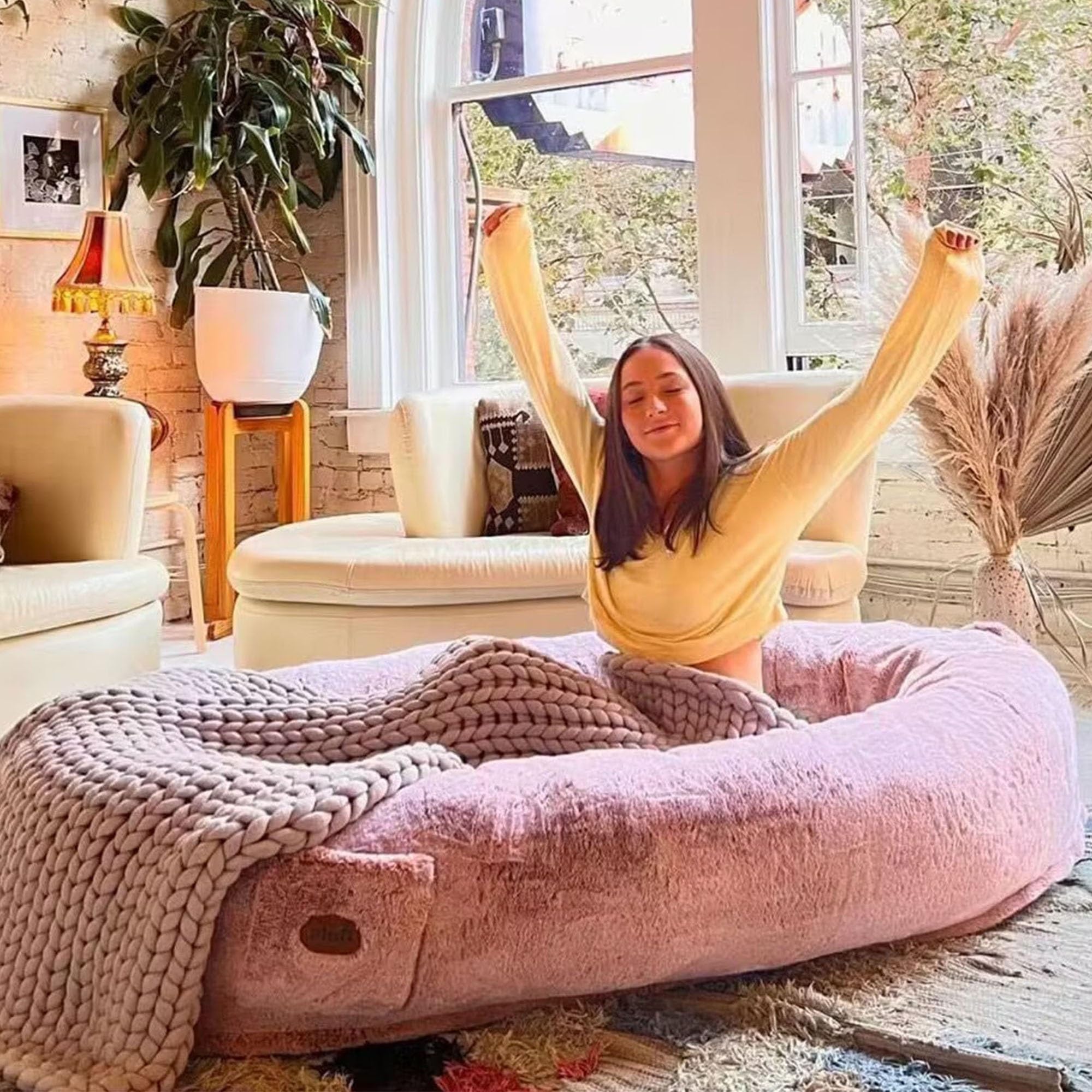 GUOIOOI Extra Large Human Dog Bed Fluffy Bed for Human-Ultimate Comfort soft Fluffy Beanbag Bed with Waterproof Washable Faux Fur for Giant Dogs and adults(Pink,190x95x30cm)