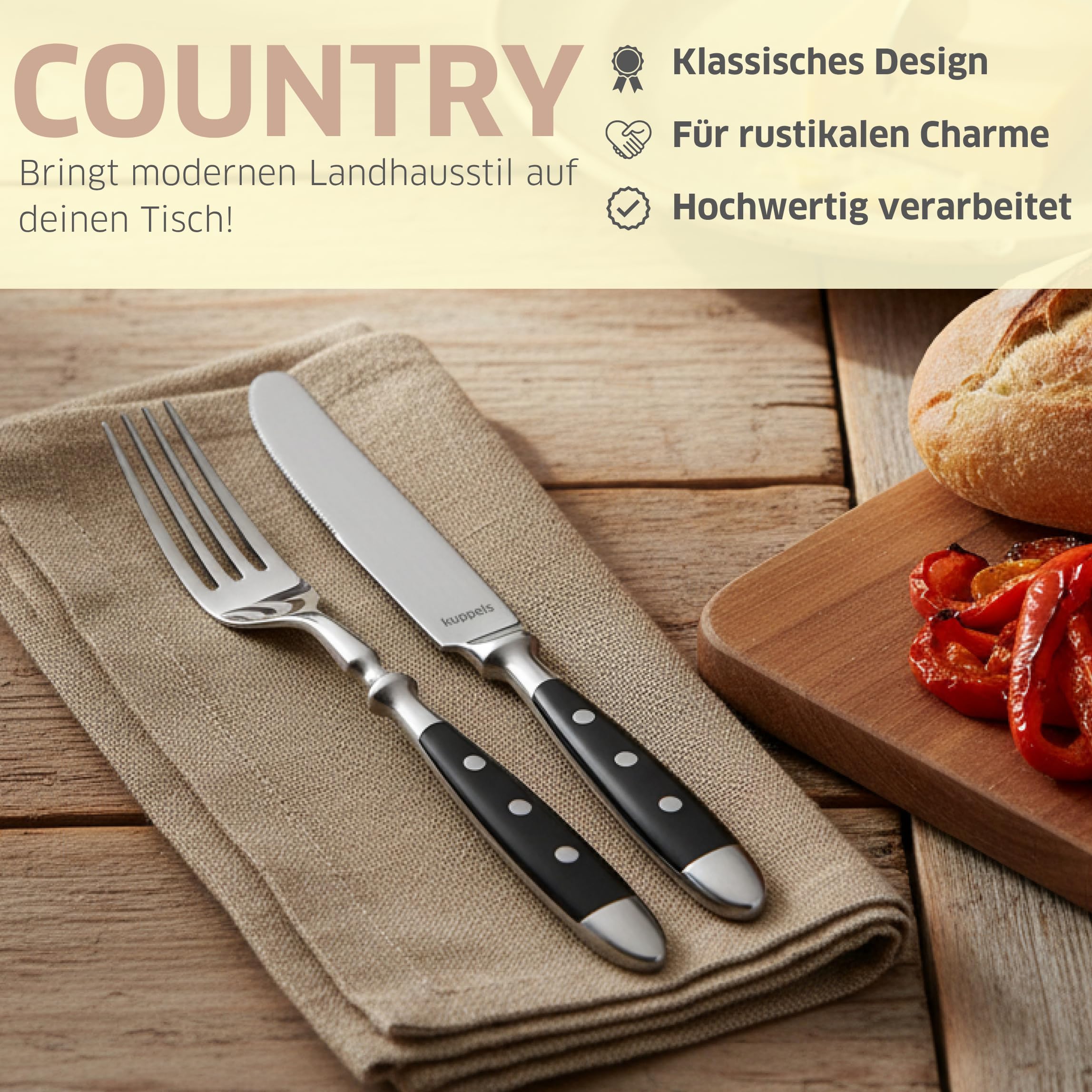 Kuppels COUNTRY Besteck Set 30-teilig, schwarze Kunststoffgriffe genietet | Edelstahl 18/0, hochglanzpoliert und spülmaschinenfest – rustikales Landhaus-Besteck ideal für 6 Personen