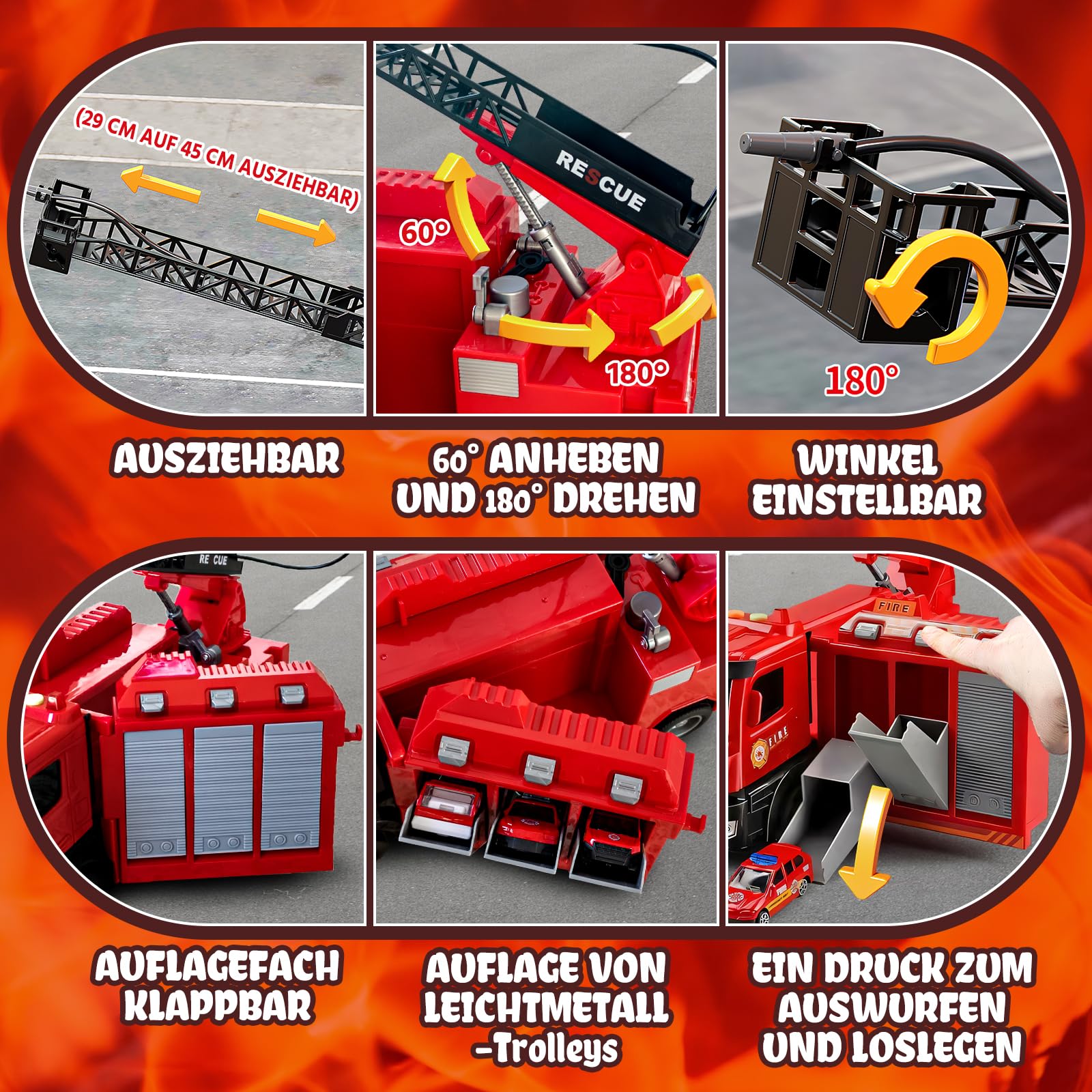 Großer Feuerwehr Truck Spielzeug, Rettungsfahrzeug Set mit 6 Mini Autos, Feuerwehrauto Autotransporter Spielzeug für Kinder ab 2 3 4 Jahren Kindergeburtstage und PD