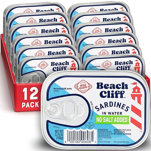 Beach Cliff Wild Caught Sardinas enlatadas en agua, sin sal añadida, altas proteínas, aptas para dieta cetogénica, sin gluten, ideal para recetas