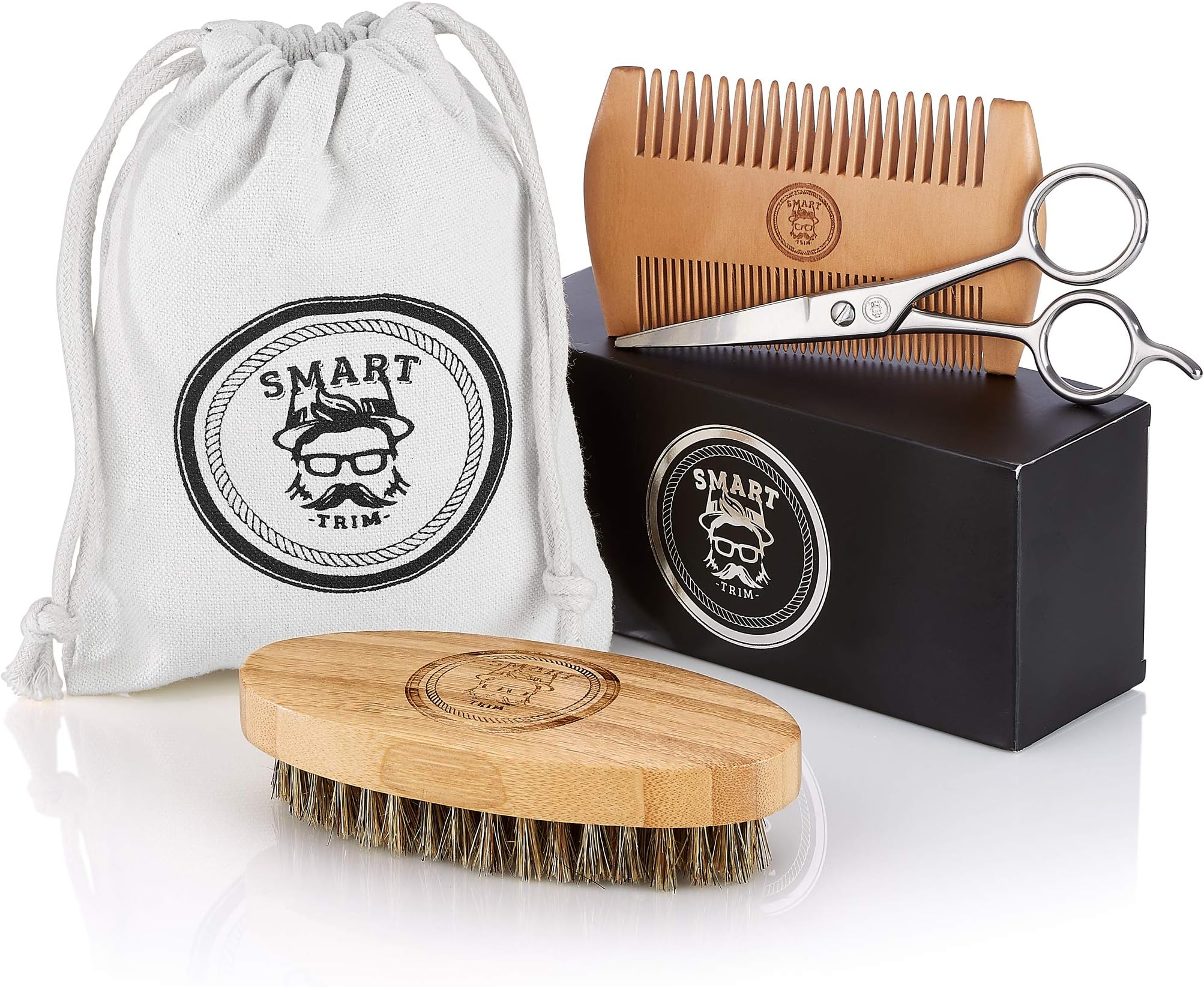 Smart Trim Beard Grooming Kit for Men - Includes Sturdy Boar Bristle Beard Brush, Beard Comb & Scissors - 3 in 1 Beard Care Kit for Men - Promotes Healthy Facial Hair Growth - Compact Beard Kit for Beard/Mustache Grooming - Cotton Gift Bag Included