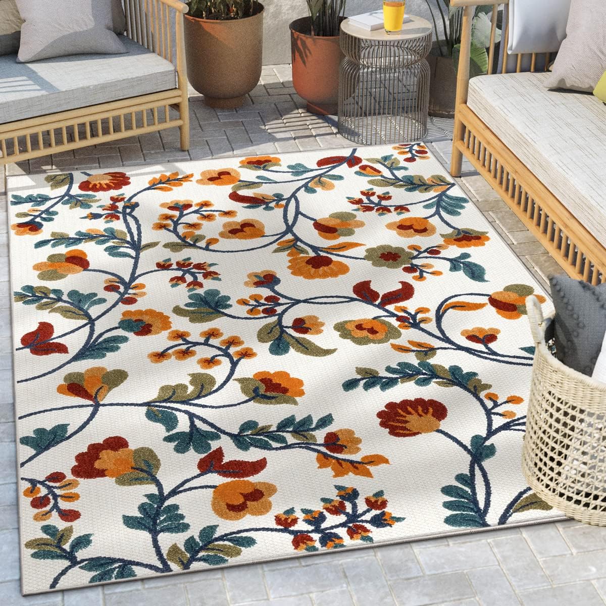 Well Woven Neveh Geometric Ivory Indoor/Outdoor High-Low Pile Design, Weather-Resistant, Easy-Care, for Patio, Deck, Porch, Living Room Area Rug 6x9-7x9 (6'7" x 9'6")