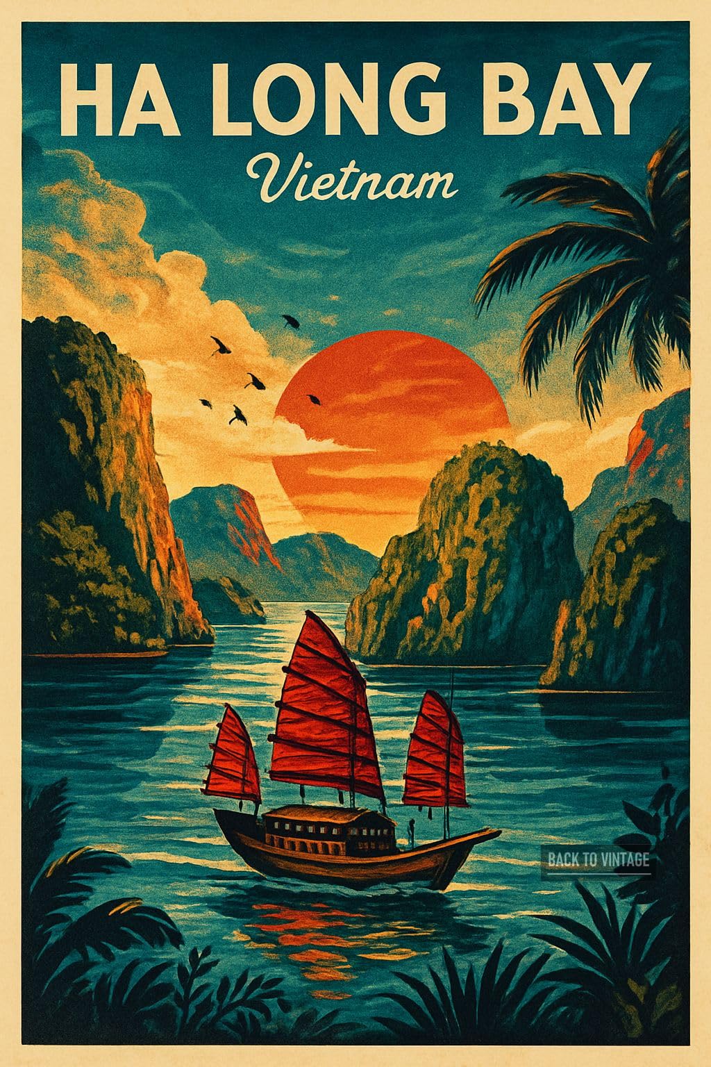 Vintage Travel Poster Depicting Ha Long Bay Serenity_result - A4 Travel City Poster Wall Art Home Decor Art Print Featuring Urban Landmarks and Global Views for Stylish Interior Display