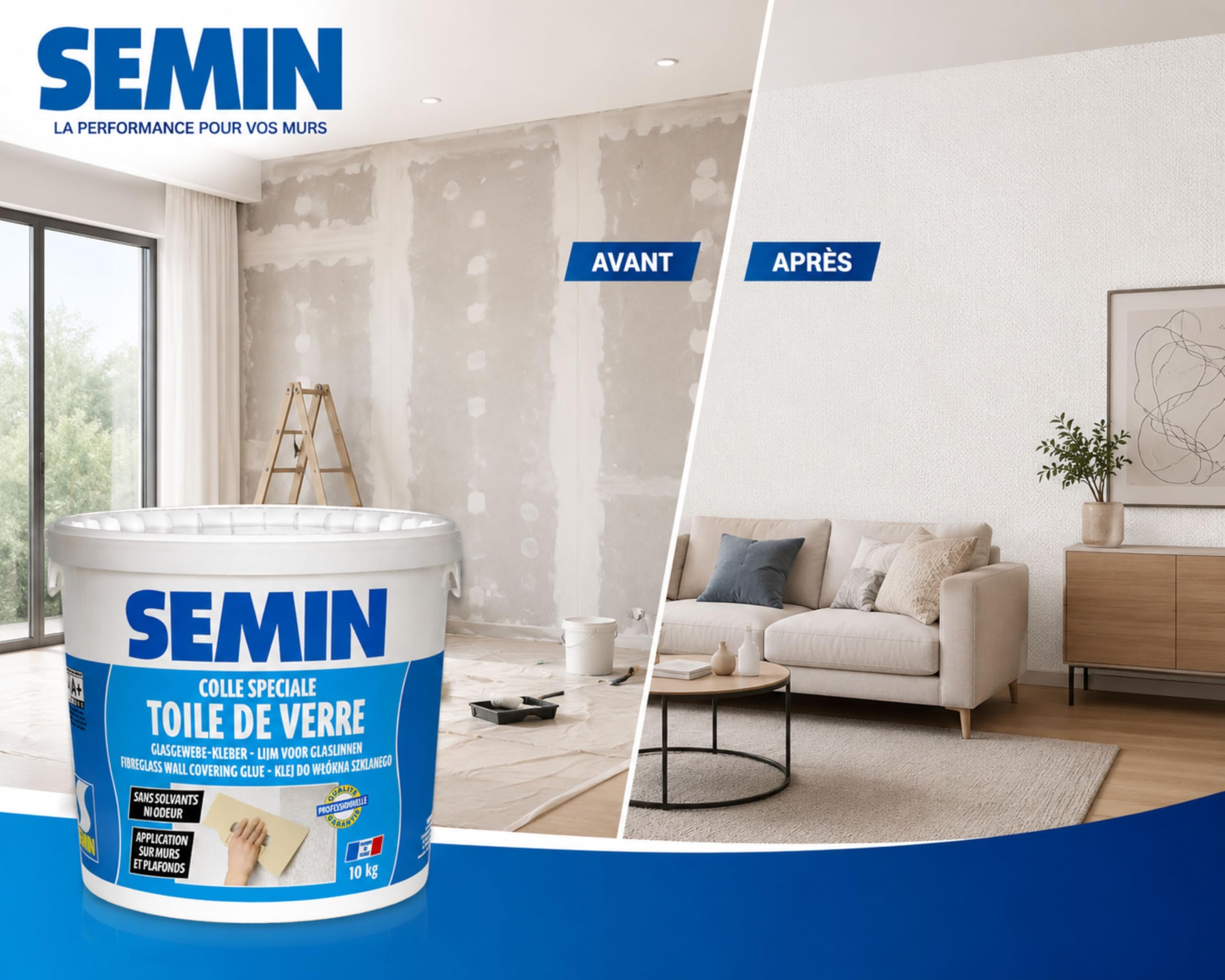 SEMIN Colle Toile de Verre 10 kg – Colle Prête à l’Emploi Sans Solvant et Sans Odeur – Forte Adhérence – Jusqu’à 50 m² – Murs, Plafonds et Pièces Humides – Fabrication Française
