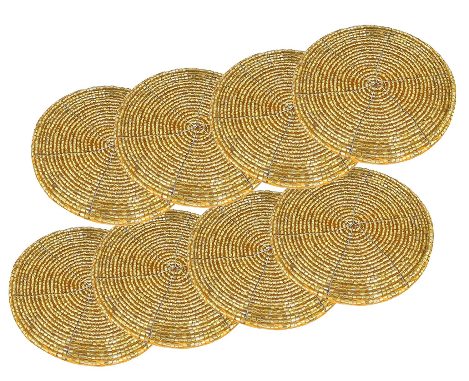 AIA India Handmade Golden Beaded Tea Coasters, Set of 8 Pieces | Diameter 4.00 Inch