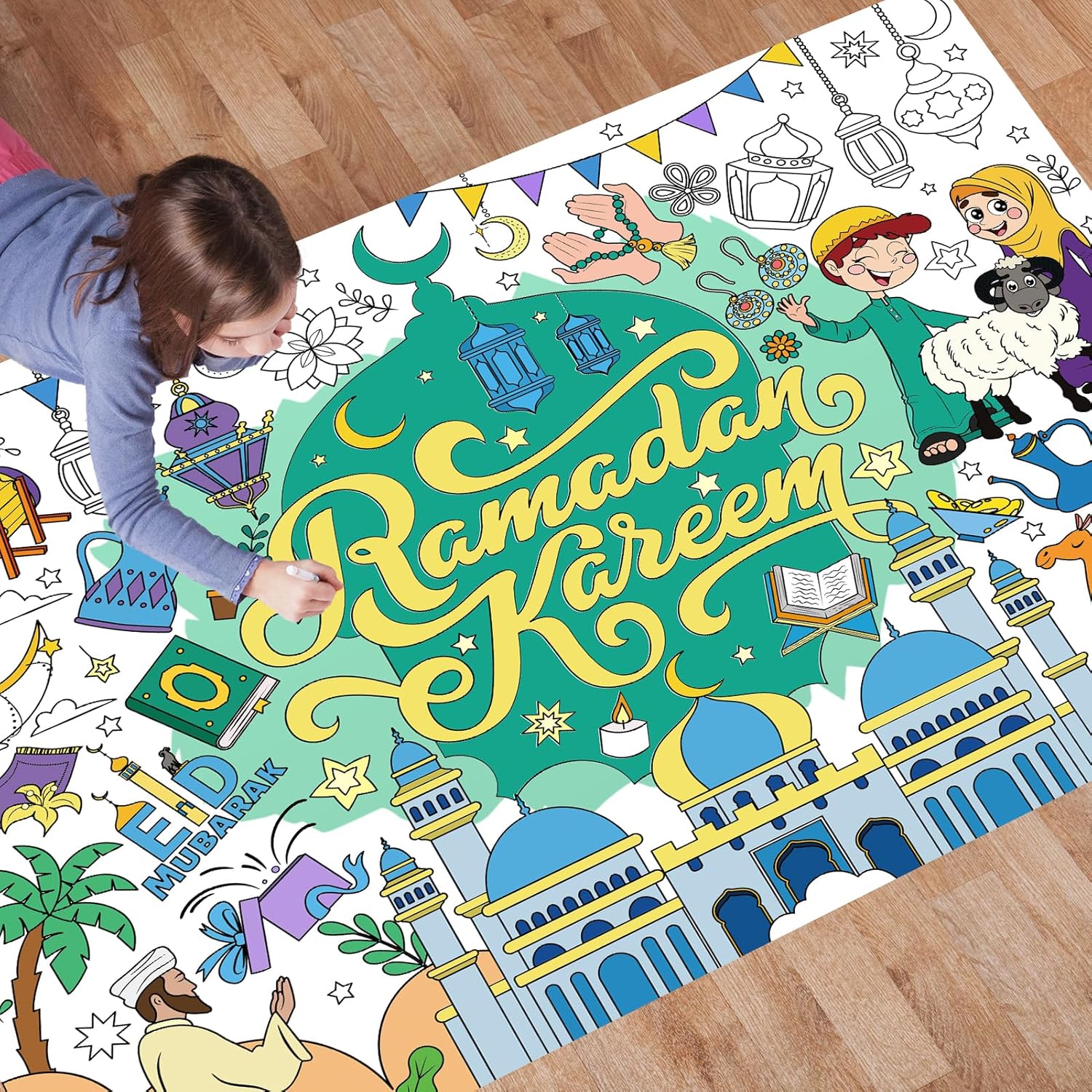 HOWAF Ramadan Mubarak Coloring Poster with 24 (12 Colors) Paint Pens, Eid Mubarak Coloring Poster Banner for Eid Party Decoration Supplies, Ramadan Kareem Party Decor Table Cover Banner
