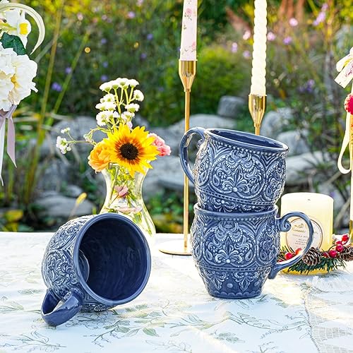 Miniatura 7 de Sungmor Juego de vajilla de porcelana de estilo anaglifo antiguo barroco, juego de 2 tazas de café, tazas grandes de 18 onzas con asa, tazas de