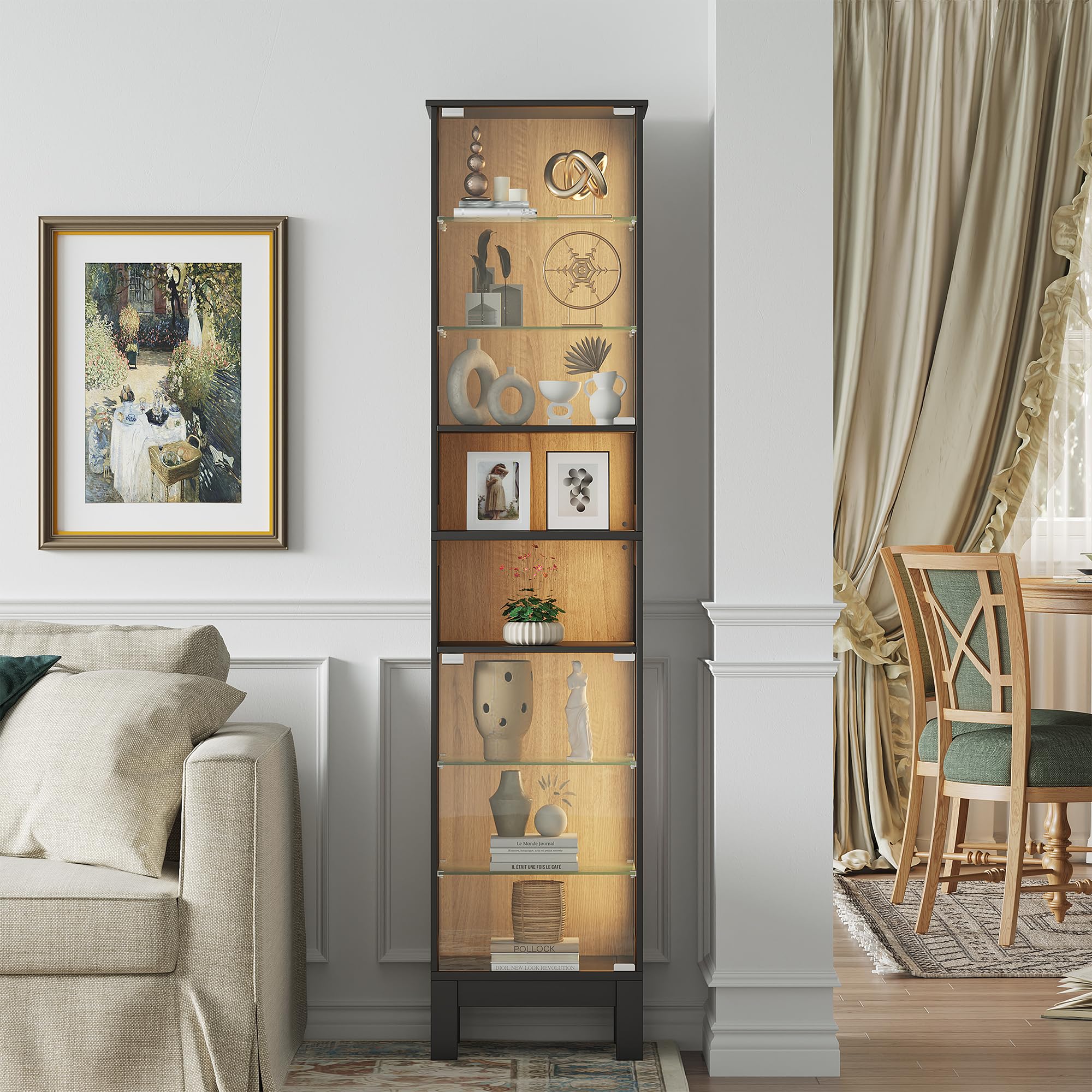ZKIODV 180cm Vitrina de Cristal LED, Estrecha Armario Vitrina con 8 Estantes, Puerta de Vidrio Templado, Balda Ajustable y Desmontable, Moderna Vitrina para Salón Baño (Negro)