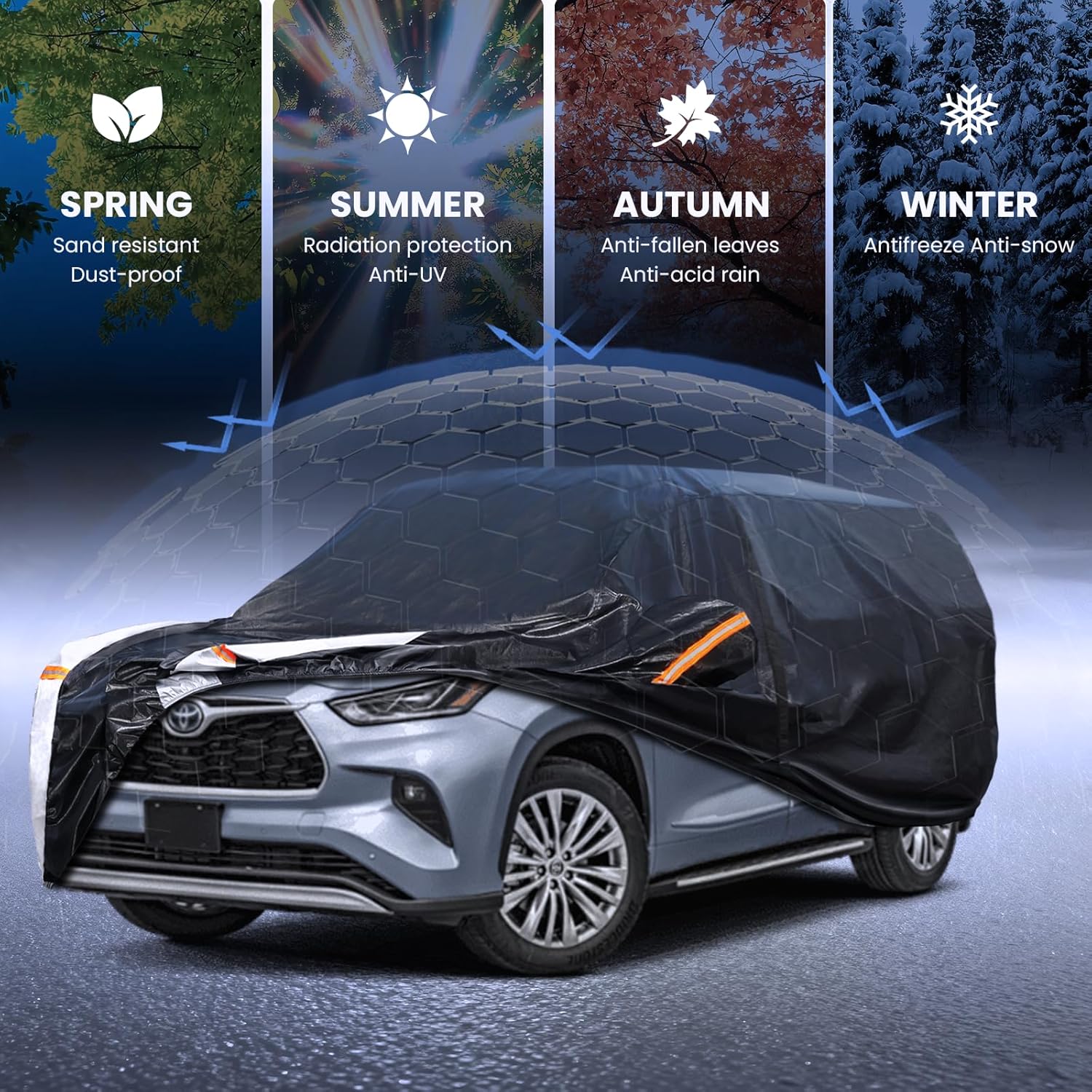 Multi-Layer Car Cover Custom Fit for Toyota Highlander(2000-2026), 100% Waterproof All Weather for Automobiles, Gift with Towel, Heavy Duty Car Covers for Rain Sun UV Protection with Door Zipper