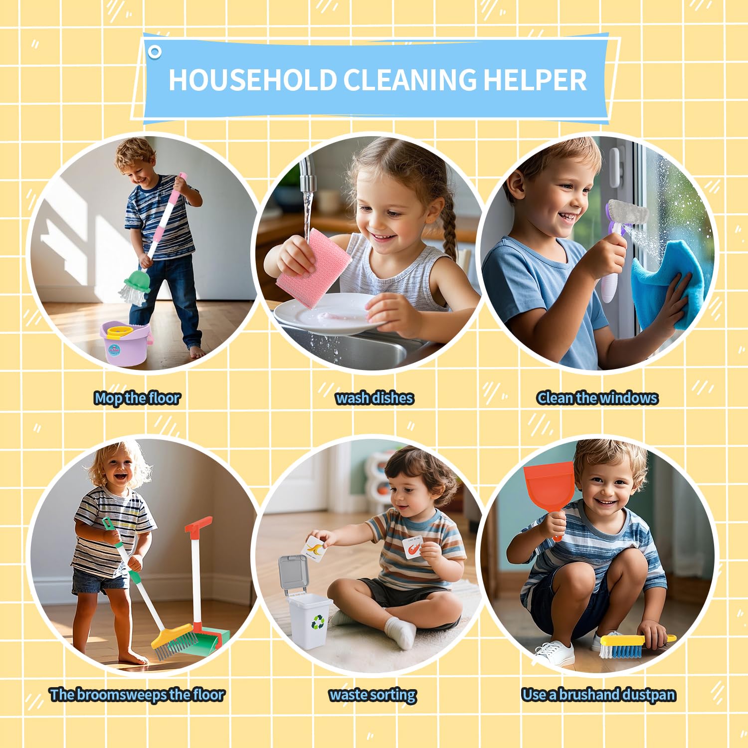 15 PCS Putzset für Kinder,Kleinkind Reinigung Spielzeug Set mit verstellbare Mop Besen & Staubkanne Set,Schaufel, Kinder-Reinigungsset für Kleinkinder,Kinderbesen Set Spielzeug für ab 3 Jahren