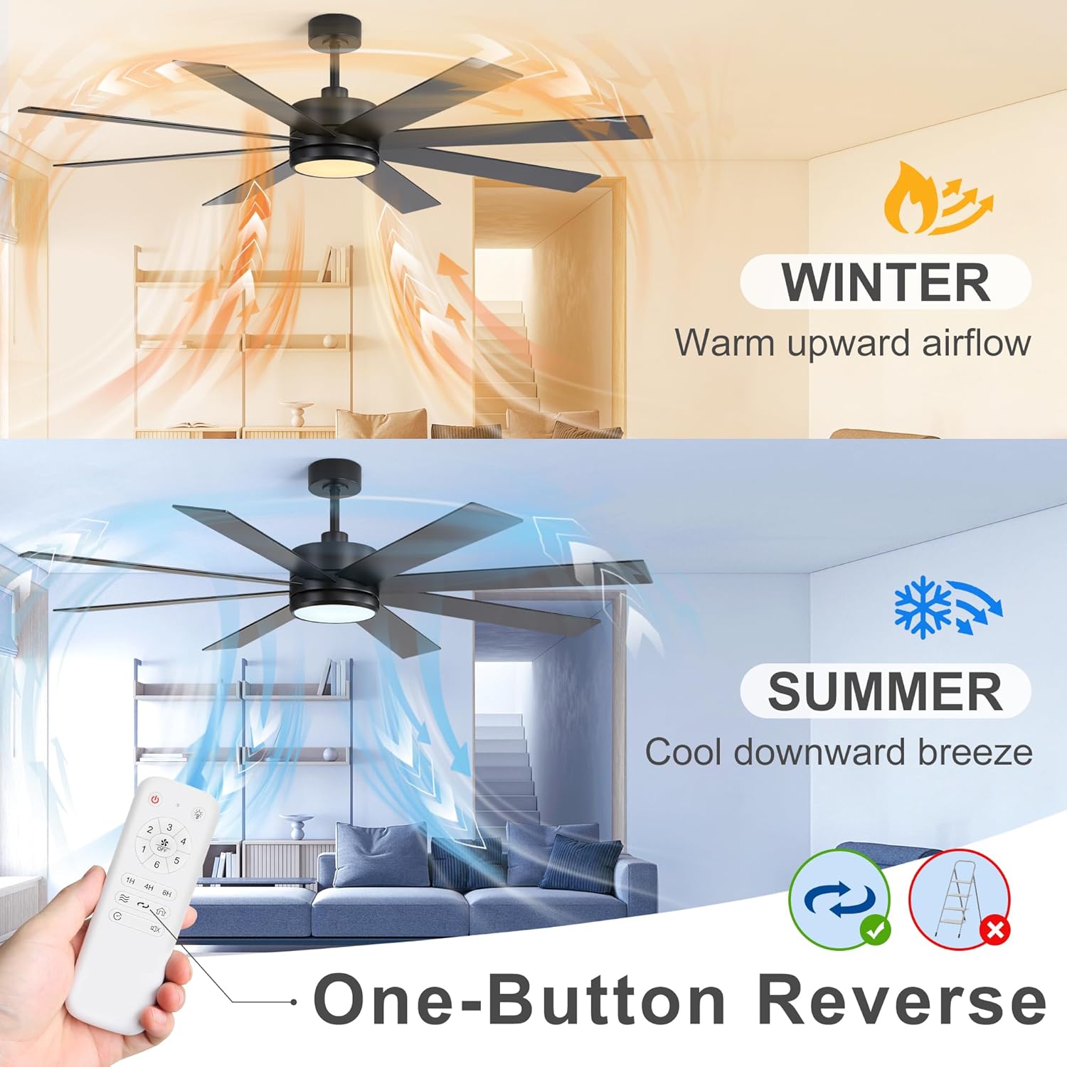 65 Inch Ceiling Fans with Lights and Remote, Large Ceiling Fan with 3CCT LED Light, 6 Speed Reversible Quiet DC Motor, Black Ceiling fan for Living Room, Patio, Library