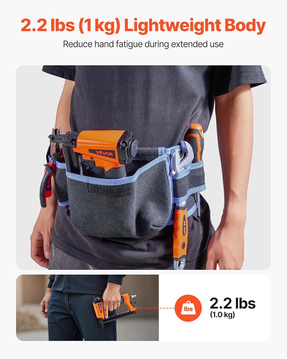 Close-up of the VEVOR VT50J Pneumatic Upholstery Stapler, highlighting its high-quality aluminum alloy housing for durability.