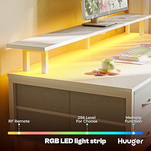 Miniatura 3 de Huuger Escritorio para computadora de 55 pulgadas con 4 cajones, escritorio para juegos con luces LED y tomas de corriente, escritorio de oficina en